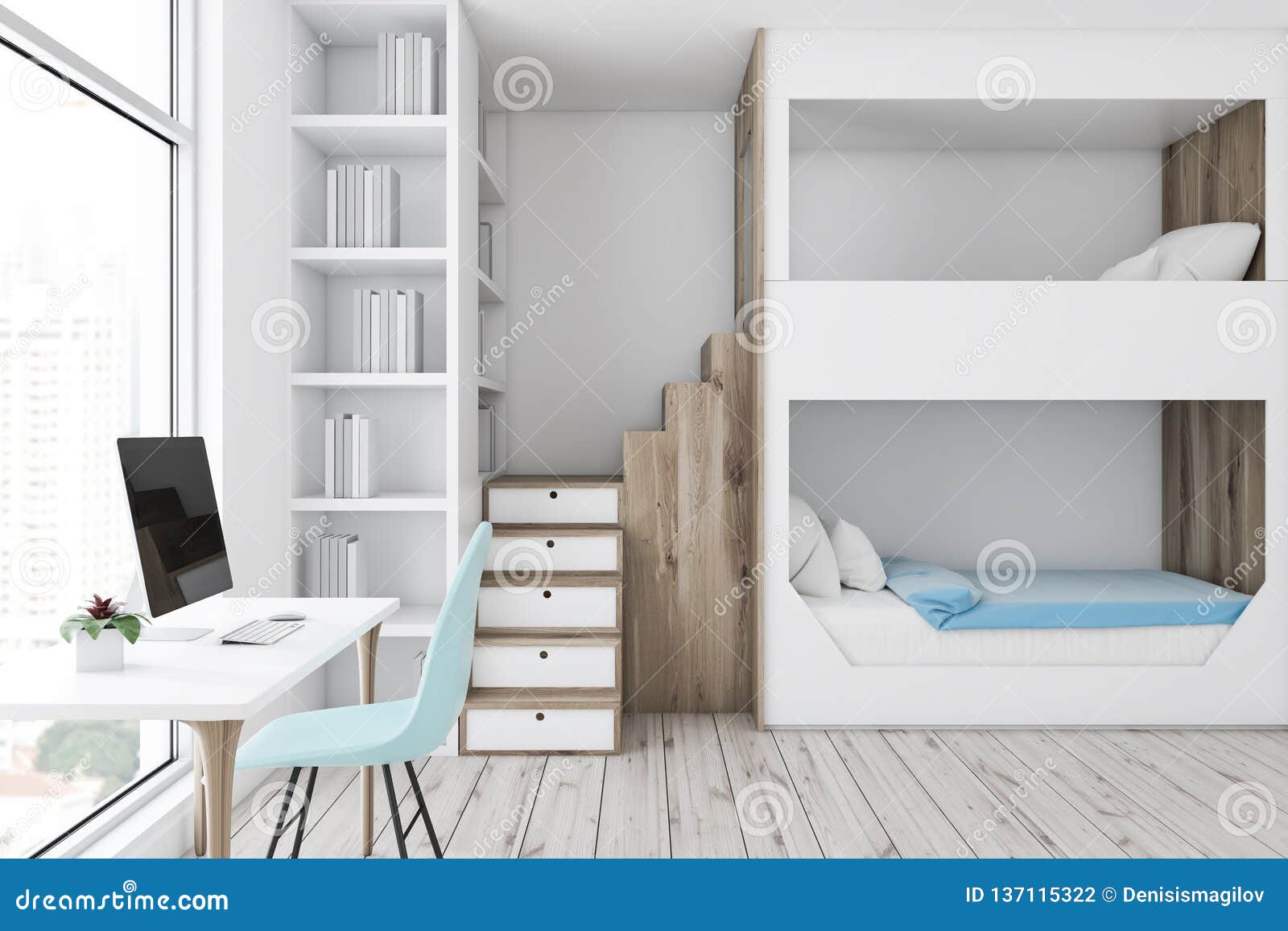 White Bunk Bed Bedroom Interior Computer Desk Stock Illustration