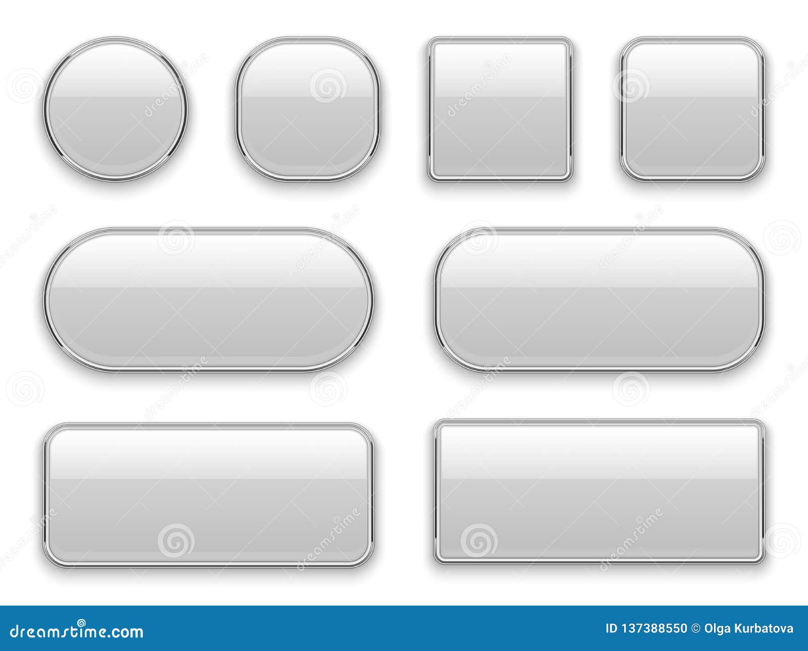 white buttons chrome frame. 3d realistic web glass s oval rectangle square circle chrome white button interface