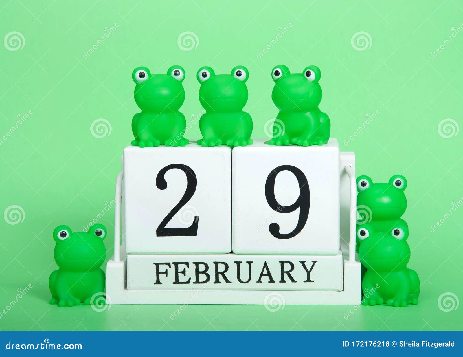 wood blocks calendar february 29 with frogs, leap year, on green