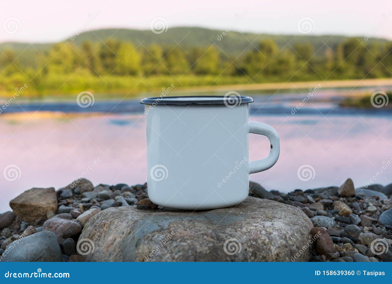 Download White Campfire Enamel Mug Mockup With Sunrise River View ...