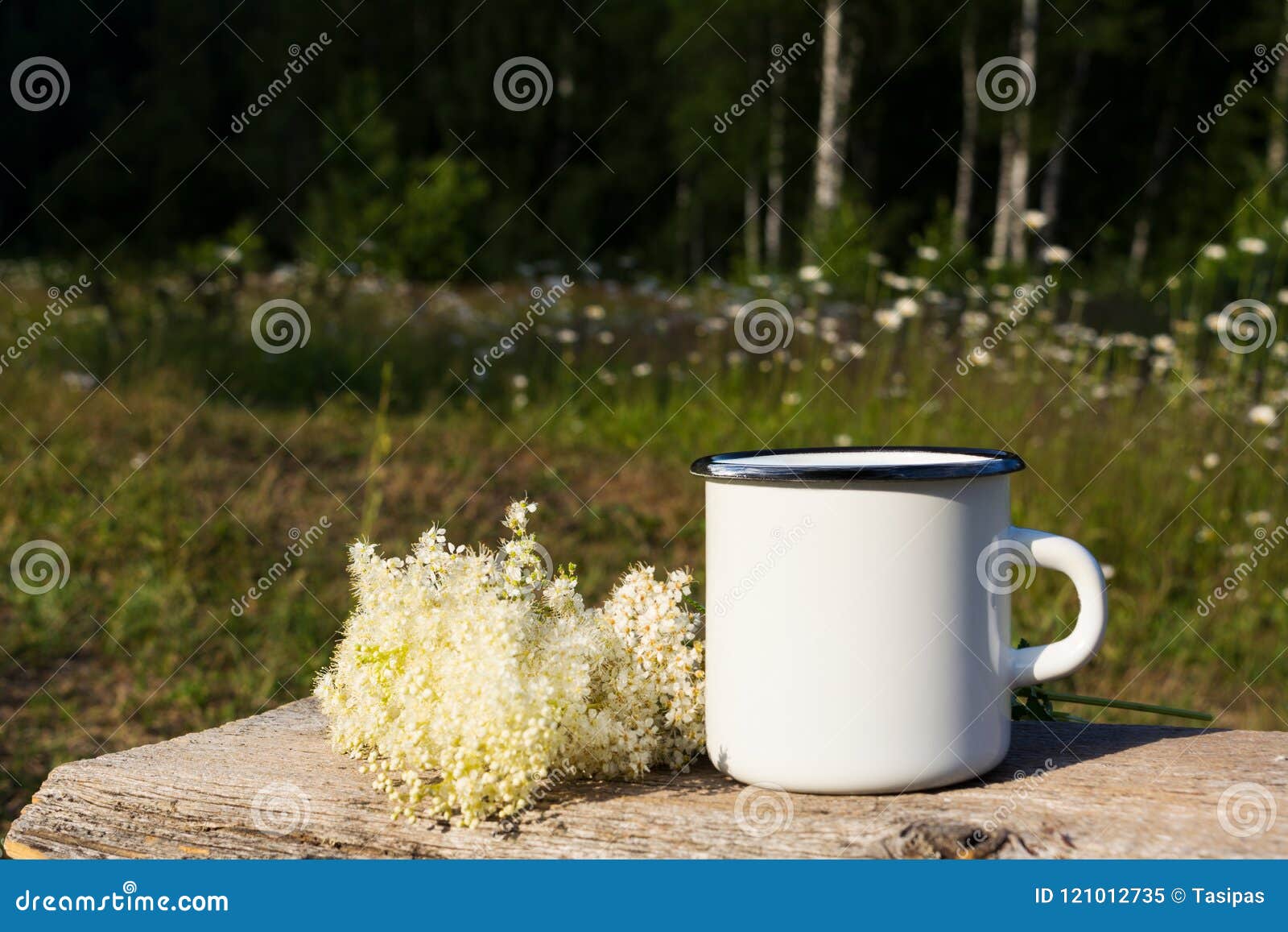 Download White Campfire Enamel Mug Mockup With White Flowers Stock ...