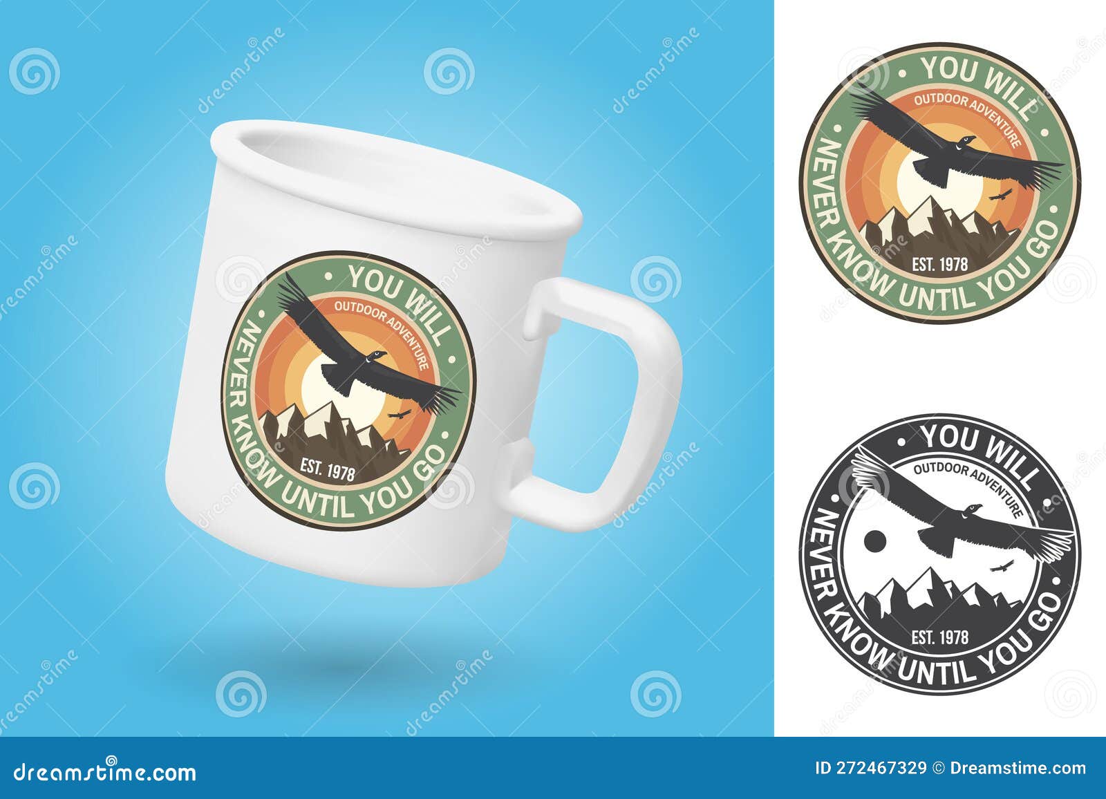 white camping cup. realistic mug mockup template with sample . you will never know until you go. summer camp badge