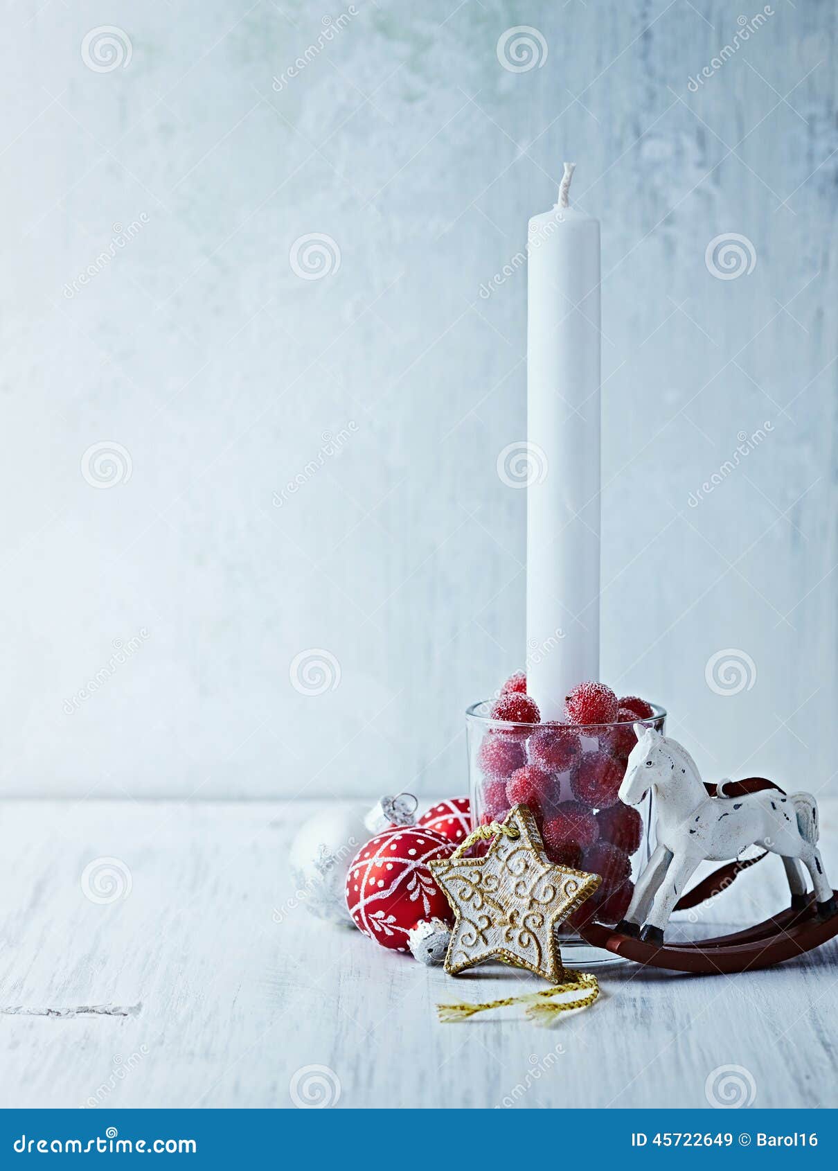 White Candle and Vintage Christmas Decorations Stock Image Image of