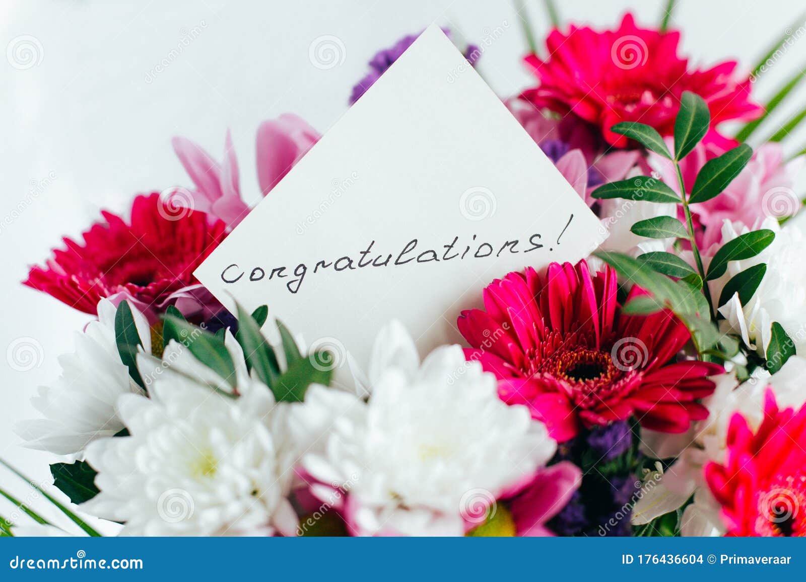 White Card for a Bouquet with the Inscription Congratulations in a Bright  Beautiful Bouquet Stock Photo - Image of fresh, card: 176436604
