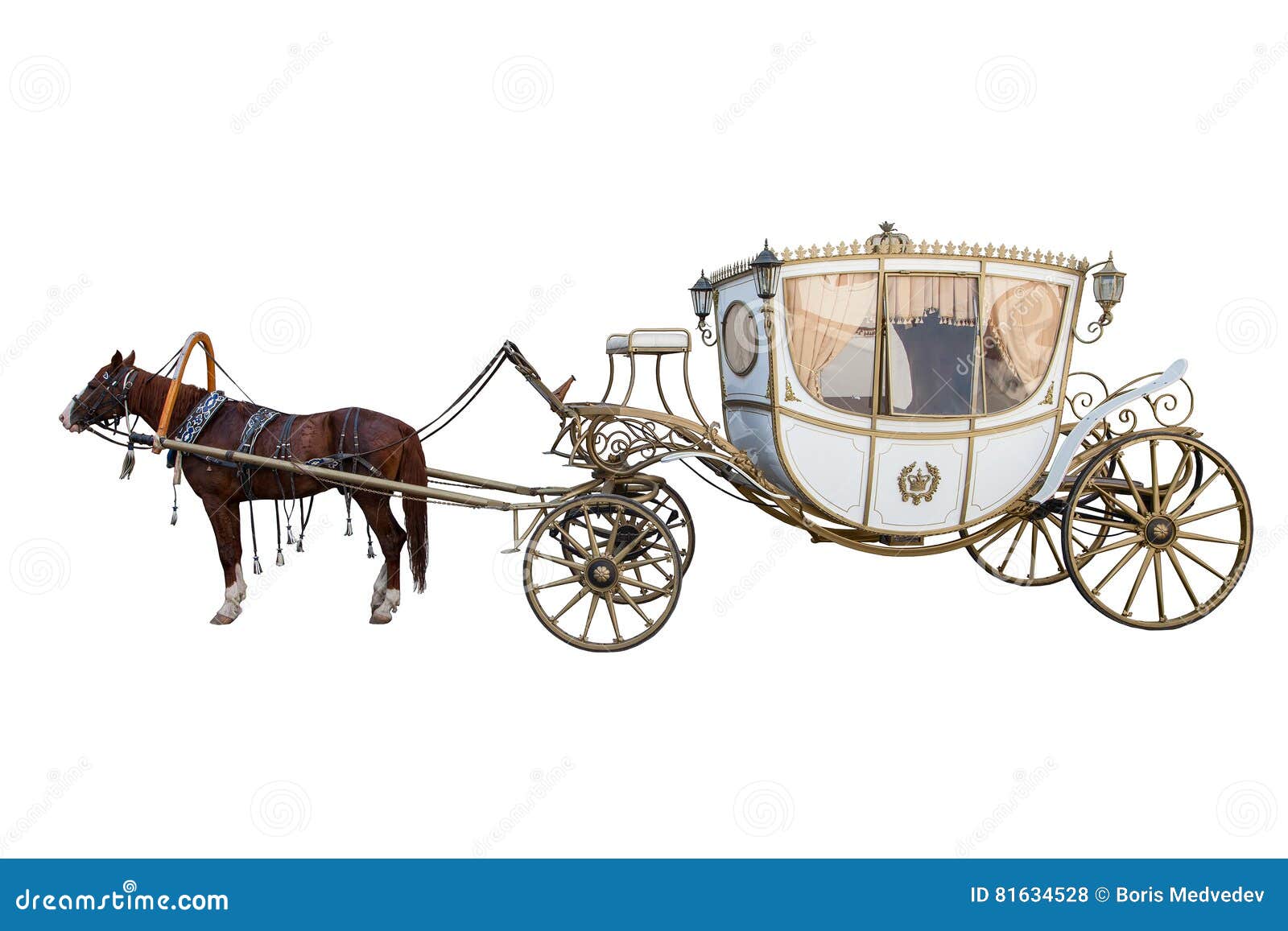 white carriage drawn by a chestnut horse  on white background