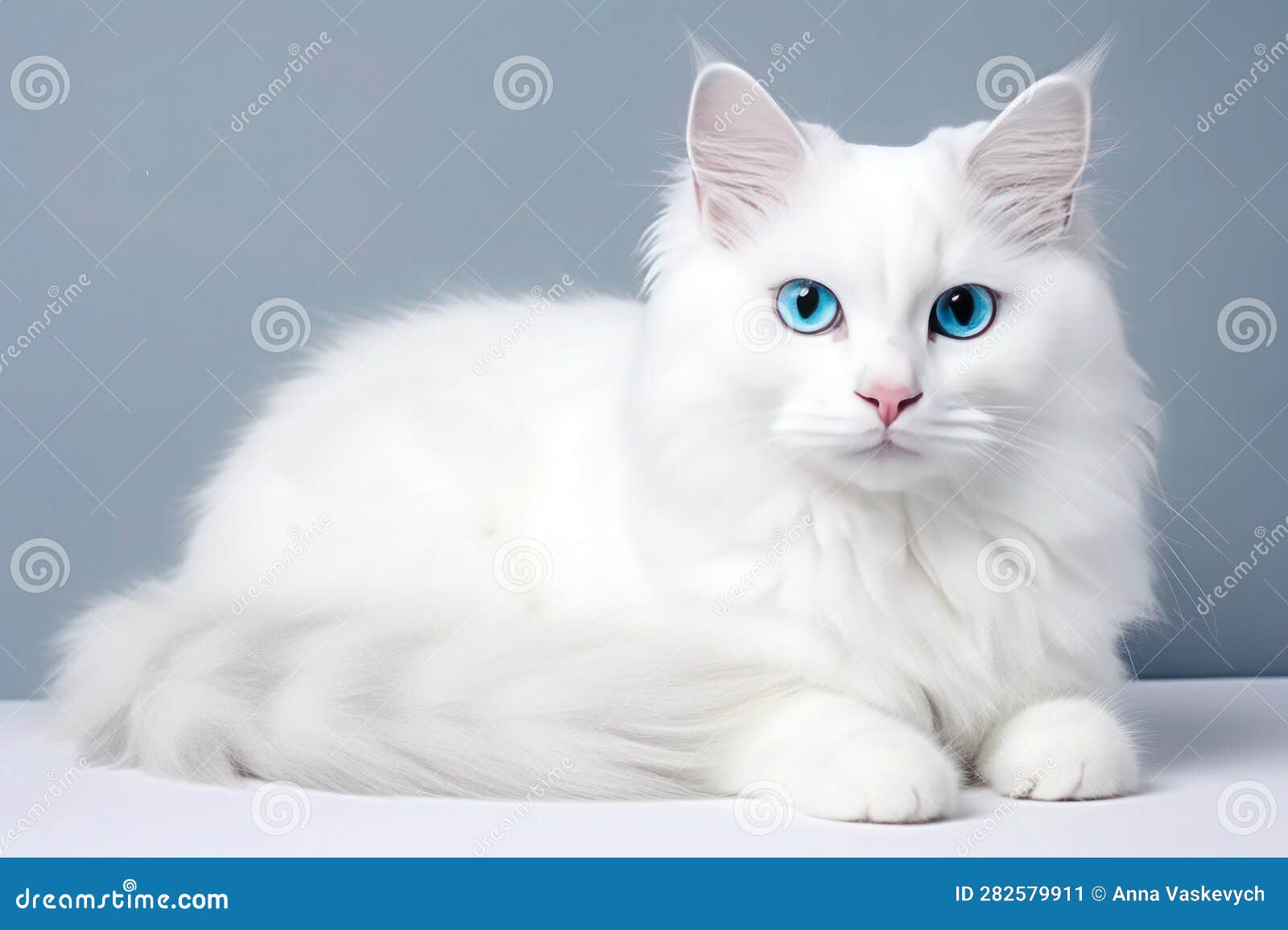 White Cat on Plain Light Gray Background, AI Generated Stock