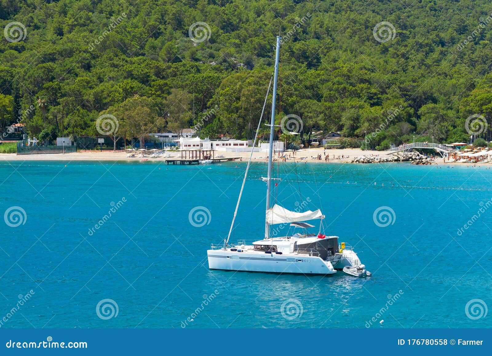 White Catamaran Anchored in in Kemer Editorial Stock Photo - Image of ...