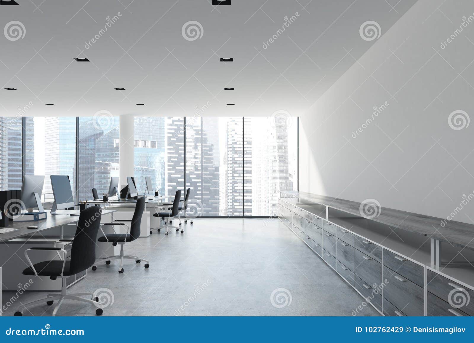 White Ceiling Open Space Office Bookshelves Stock