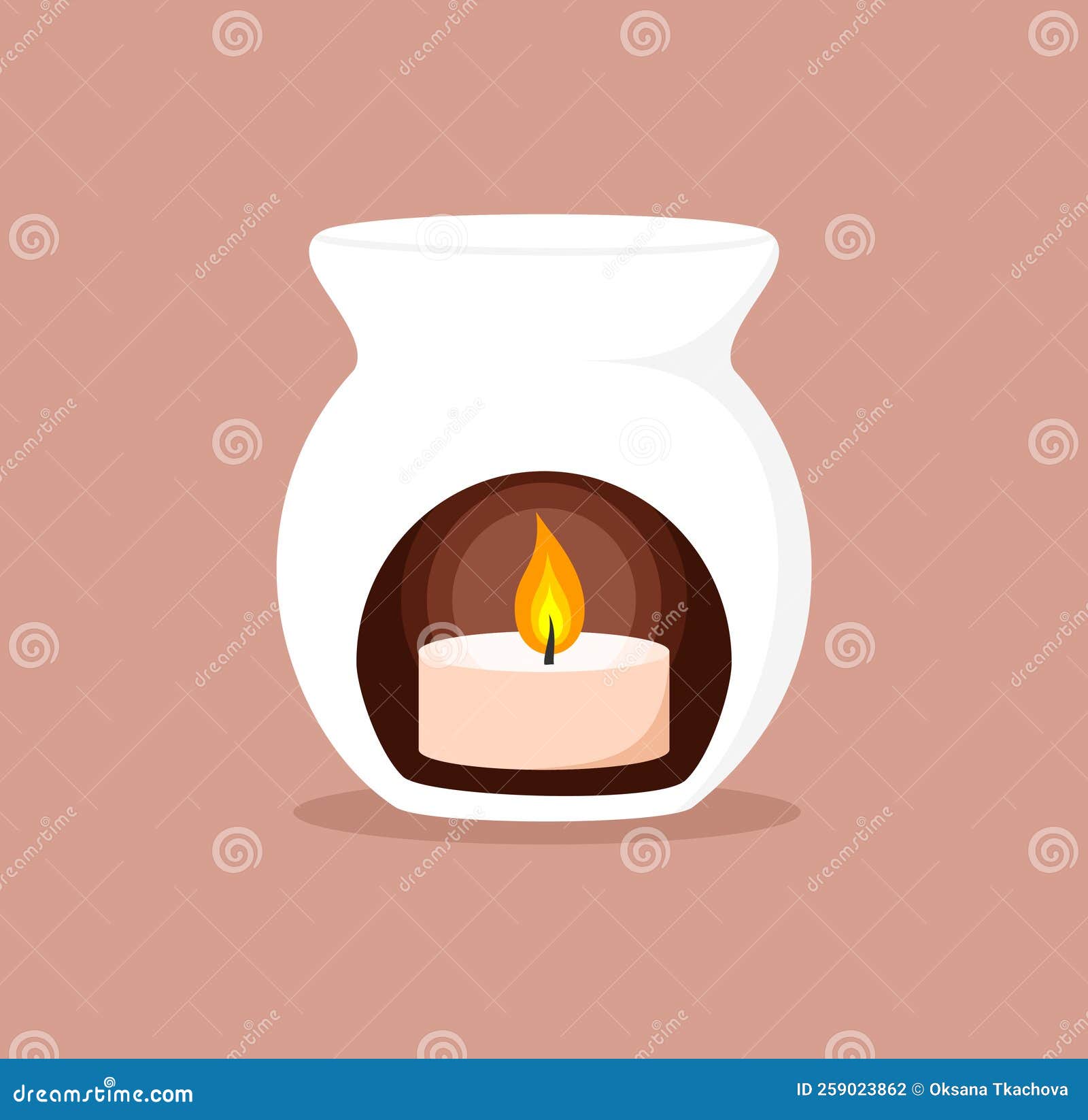 White Ceramic Aroma Lamp with a Burning Candle Inside. Flat Vector