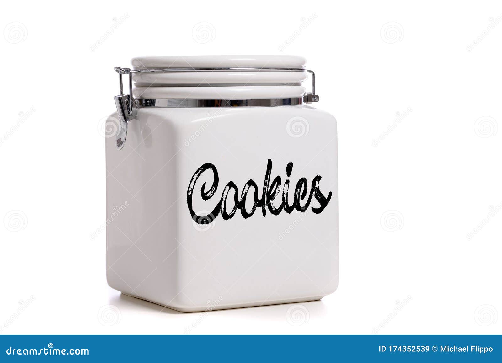 White Ceramic Cookie Jar On White Background With Copy Space Stock