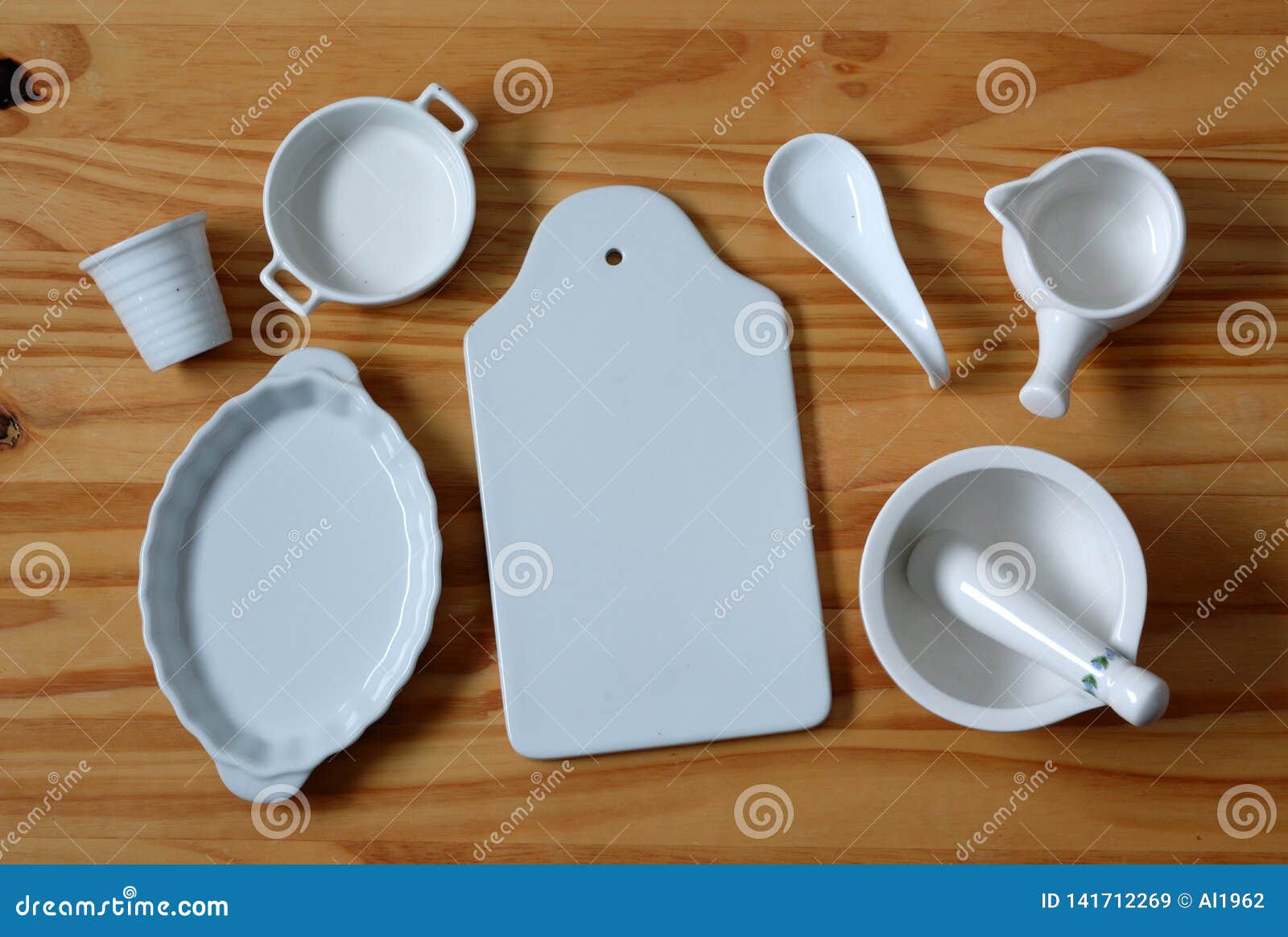 White Ceramic Kitchenware on Wooden Table   Horizontal Stock Image ...