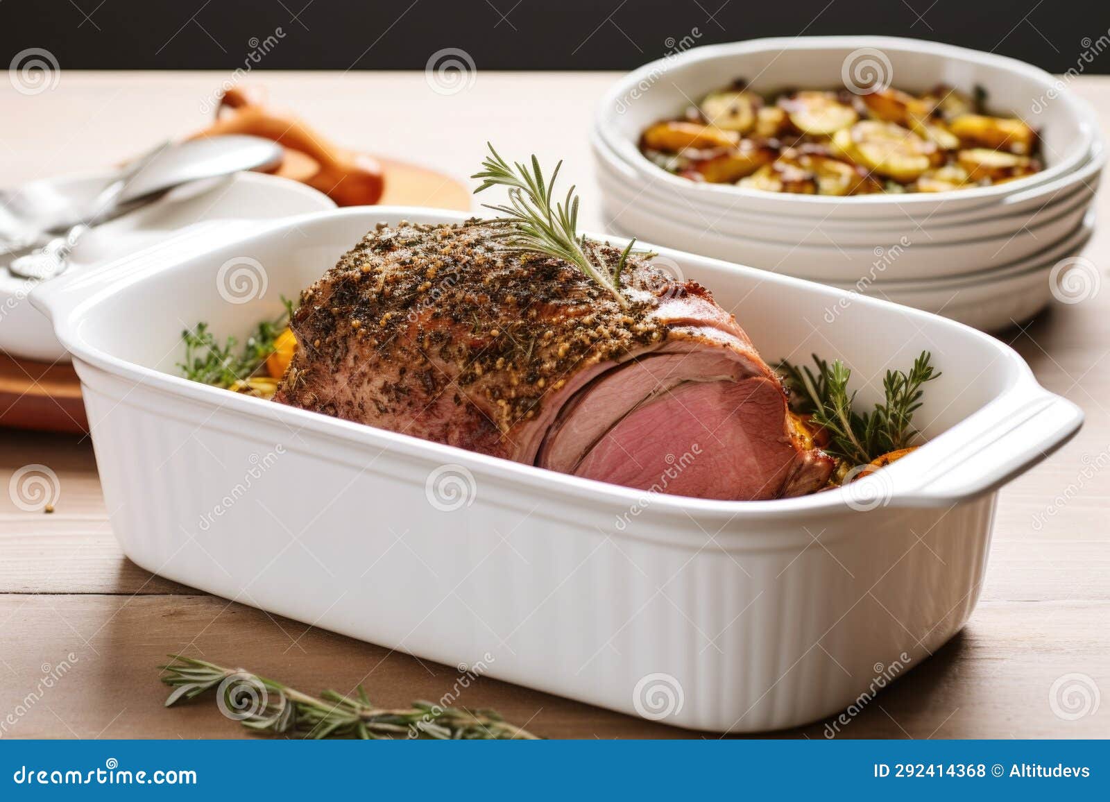 White Ceramic Roasting Dish with Rotating Spiced Lamb Leg Stock Photo