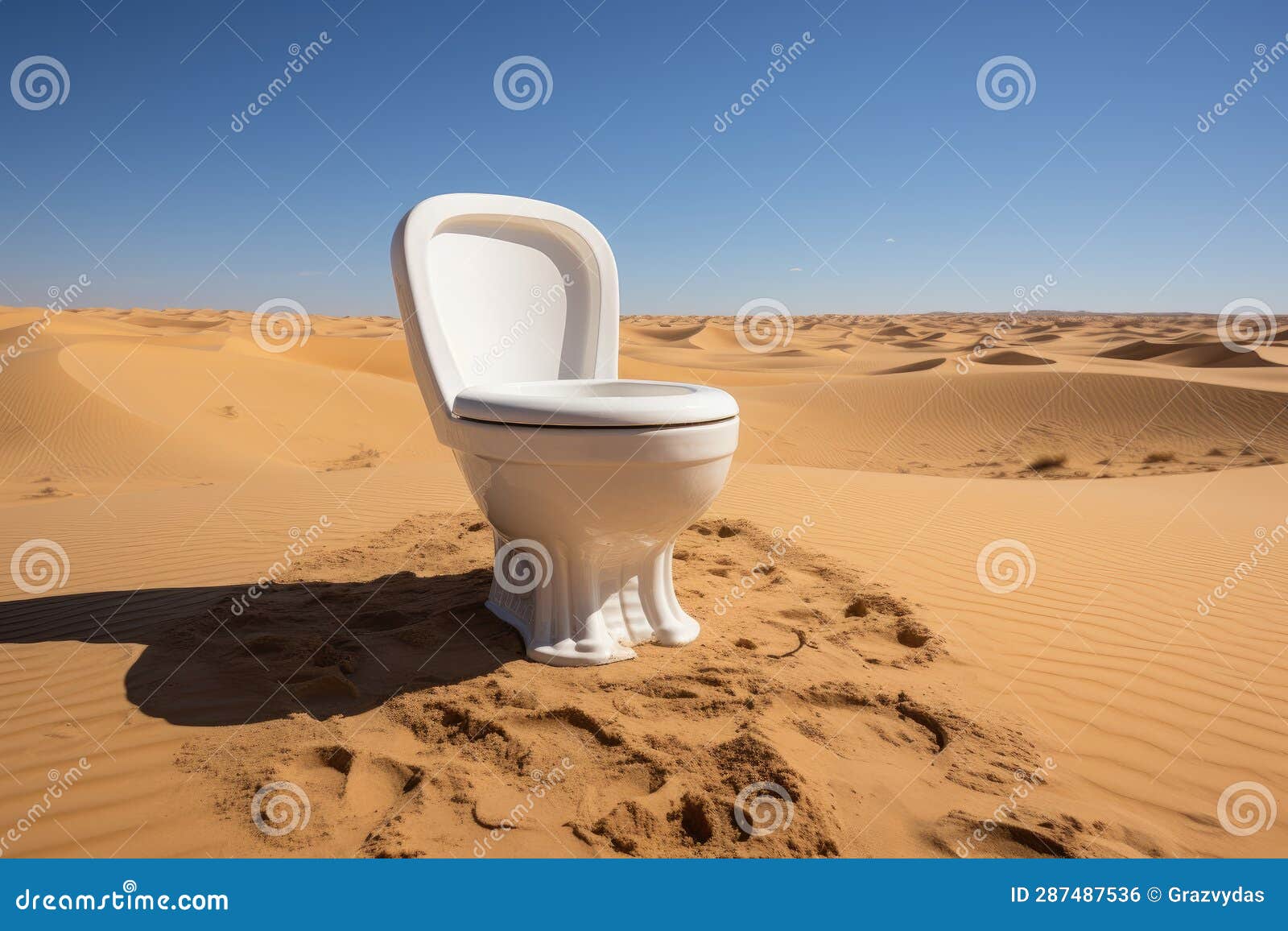 White Ceramic Toilet Bowl at Sandy Dunes in the Desert Stock