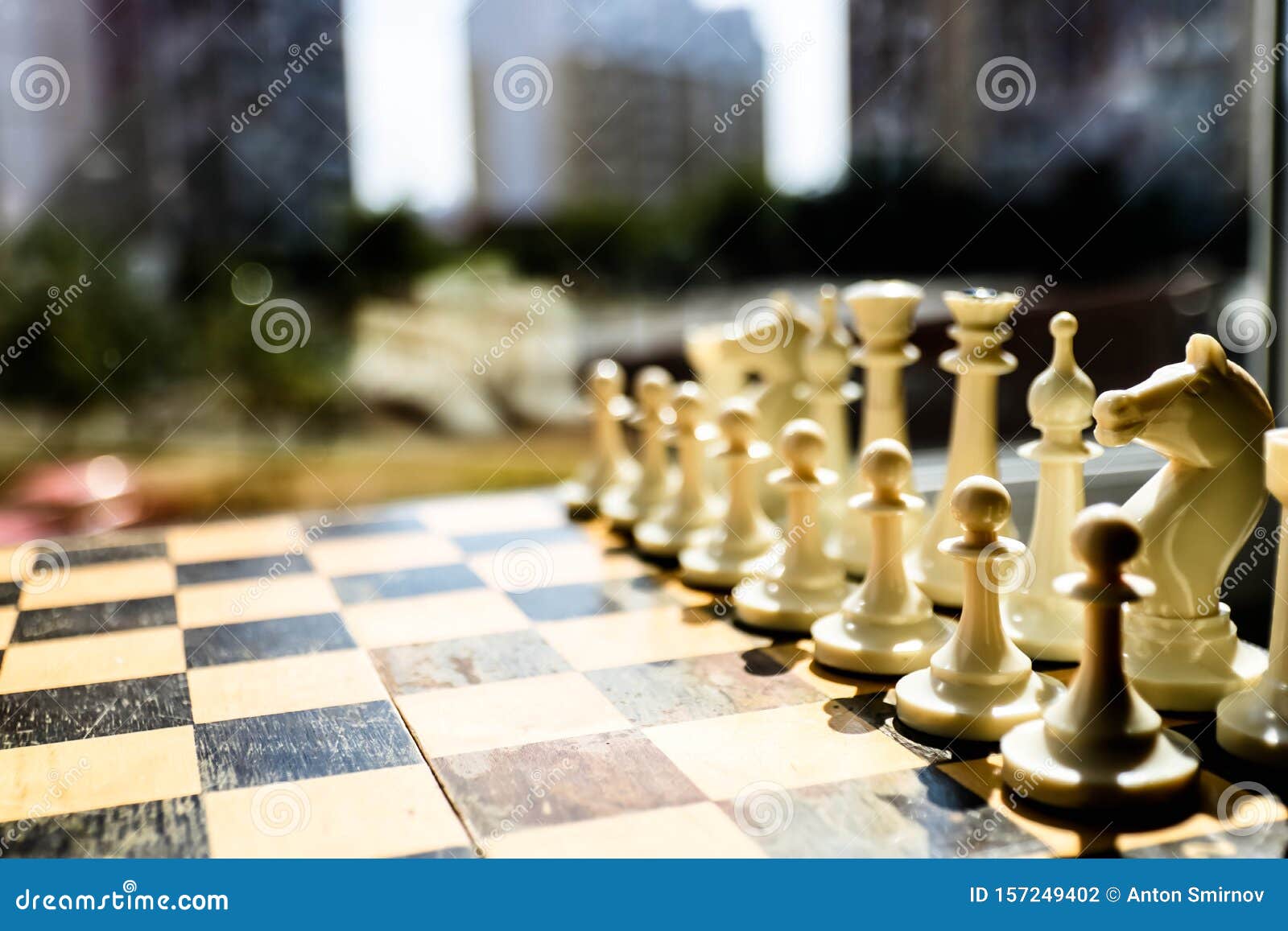 White Chess Pieces on a Chess Board and Open World on Blurred Background.  Teamwork Concept Fo Succes Stock Photo - Image of design, horse: 157249402