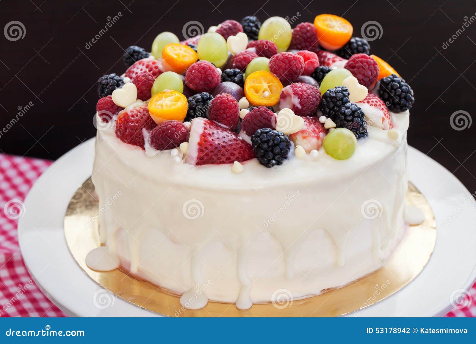 White Chocolate Cake Decorated with Fresh Berries and Fruits Stock ...