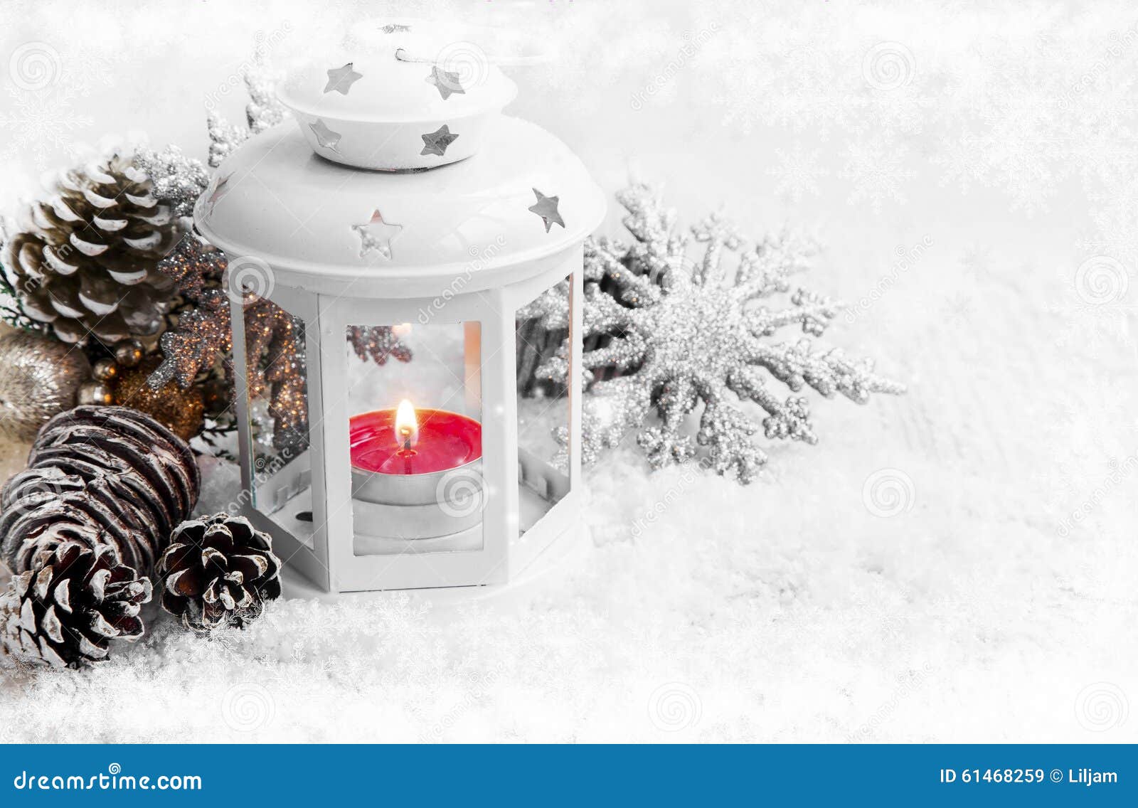 White Christmas Lantern with Ornaments on Snow and Ice Snowflake Stock ...