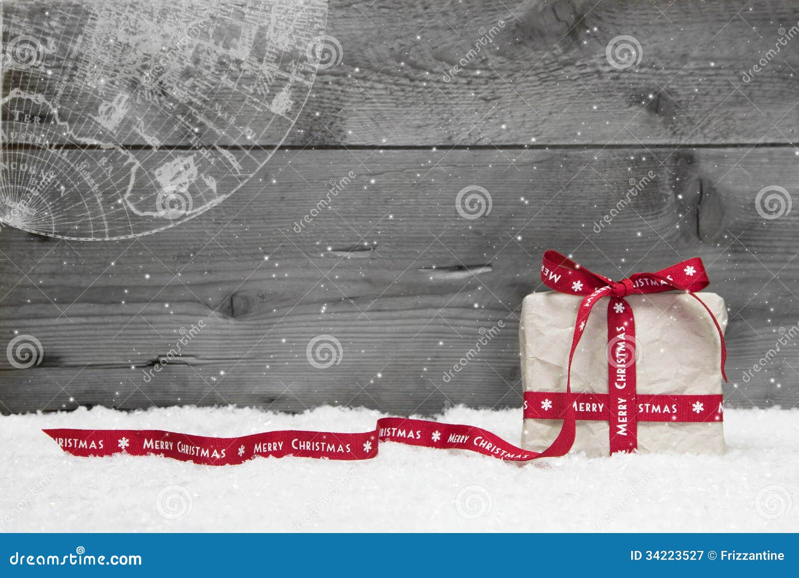 White Christmas Present With Long Ribbon, Snow On Grey 