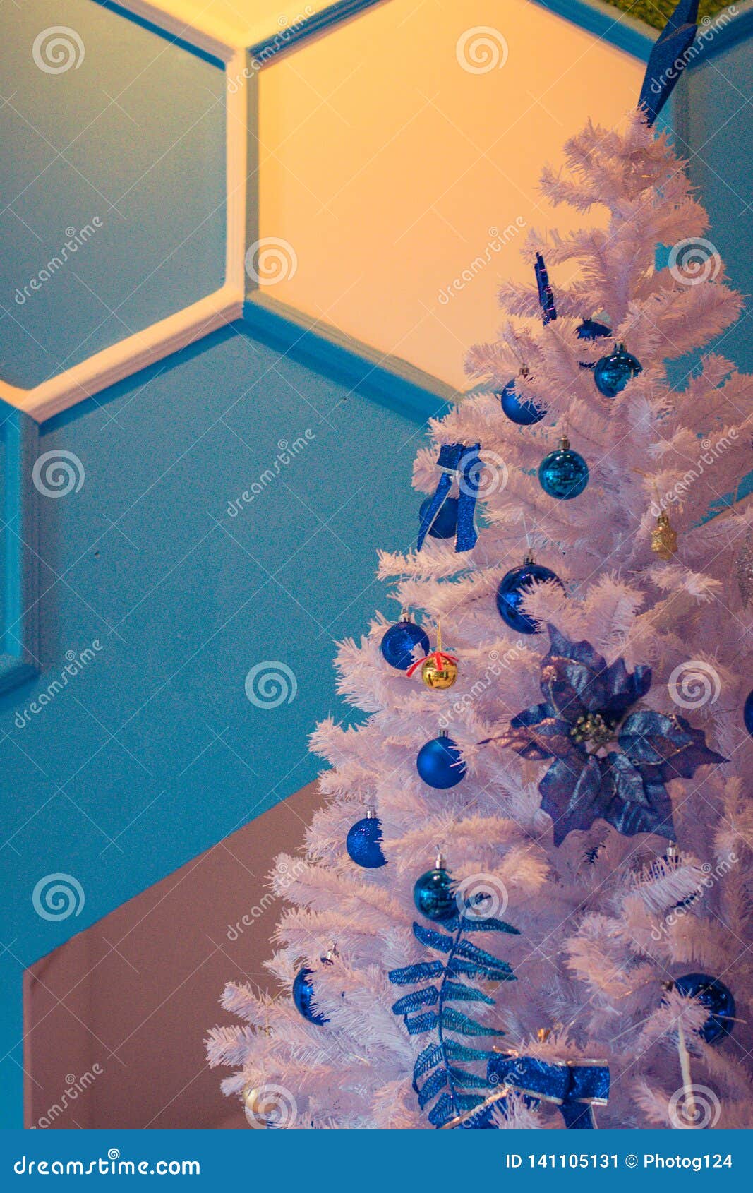 White Christmas Tree with Blue Balls and Twinkling Lights Stock Image Image of christmas