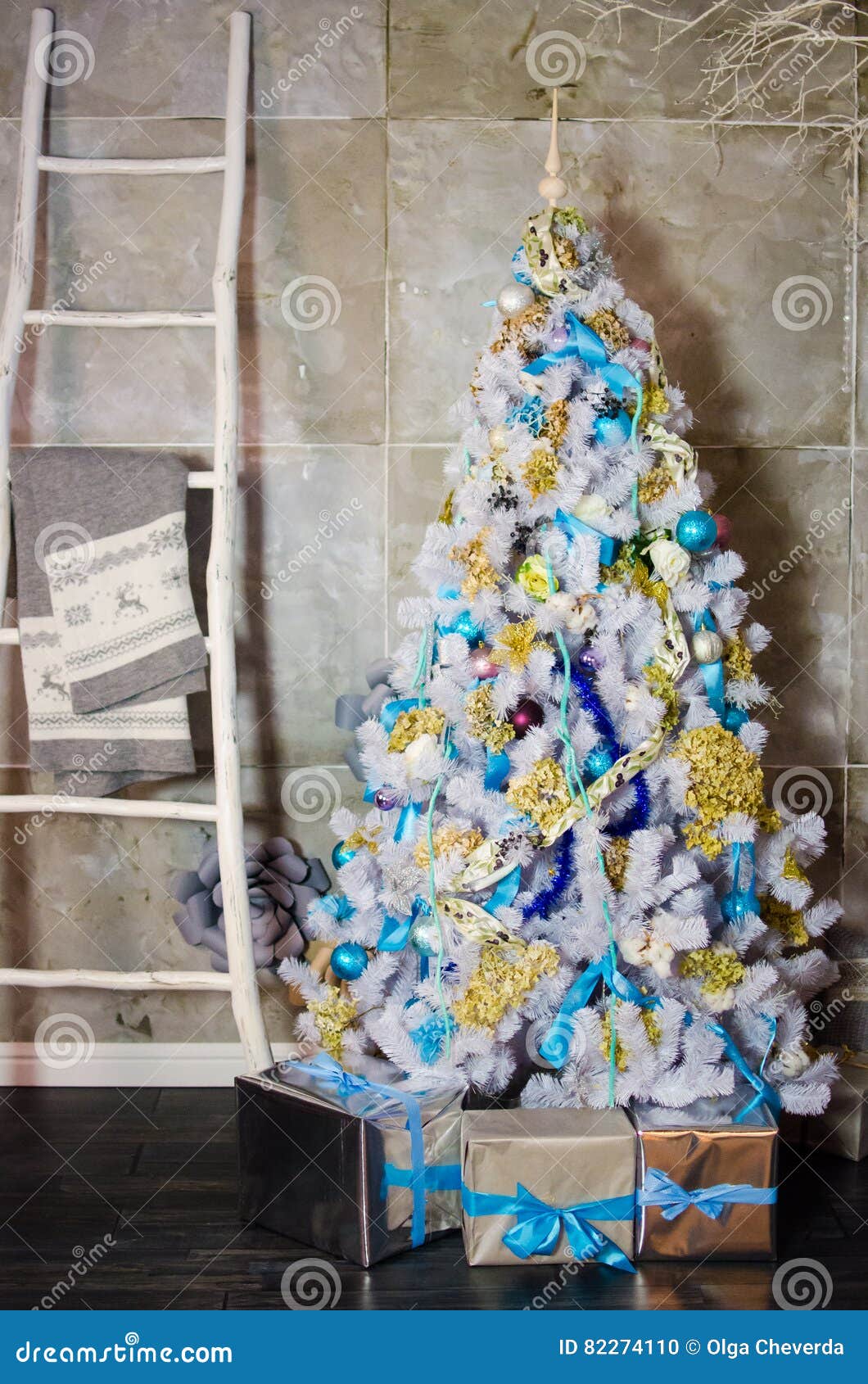 White Christmas Tree with Blue Ornaments Stock Photo Image of concept