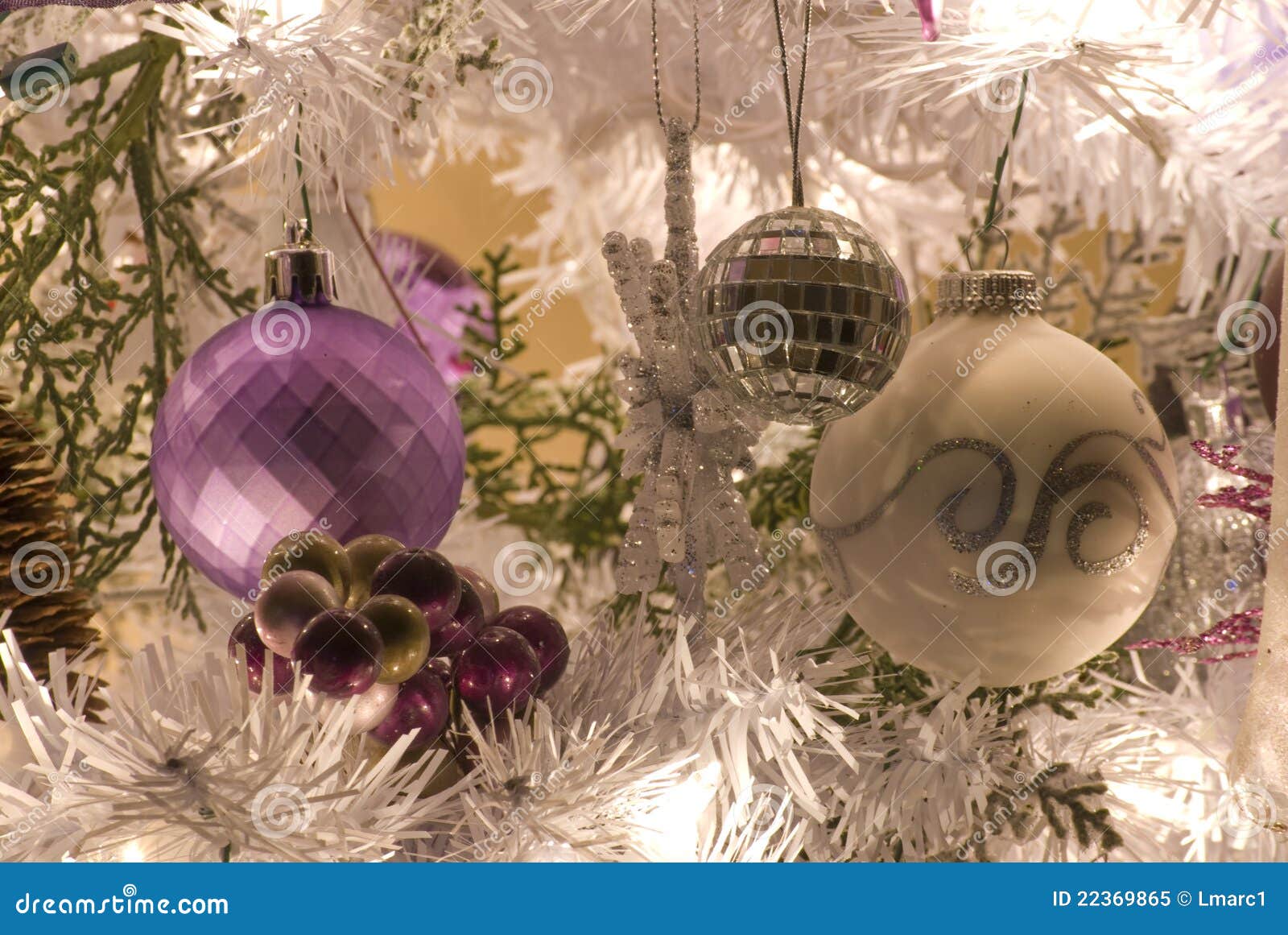 White Christmas Tree with Bulbs and Ornaments. Stock Image Image of