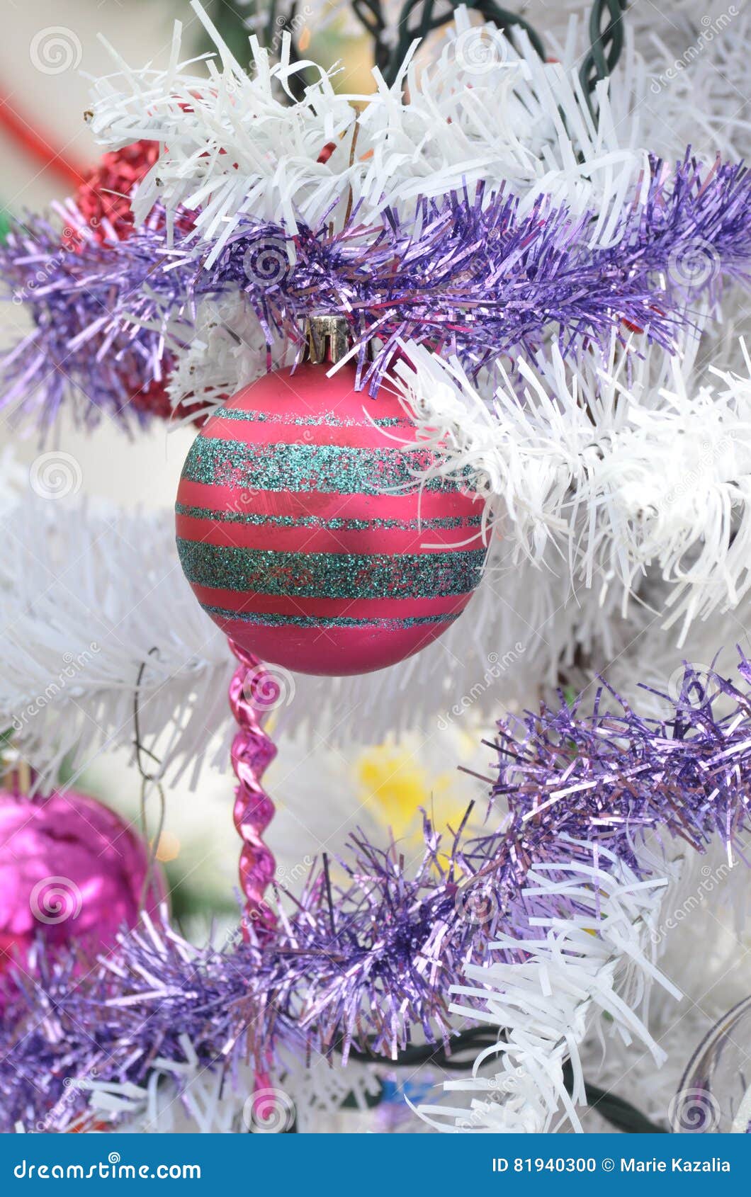 White Christmas Tree Red Ball Ornament Silver Glitter Stripes Stock