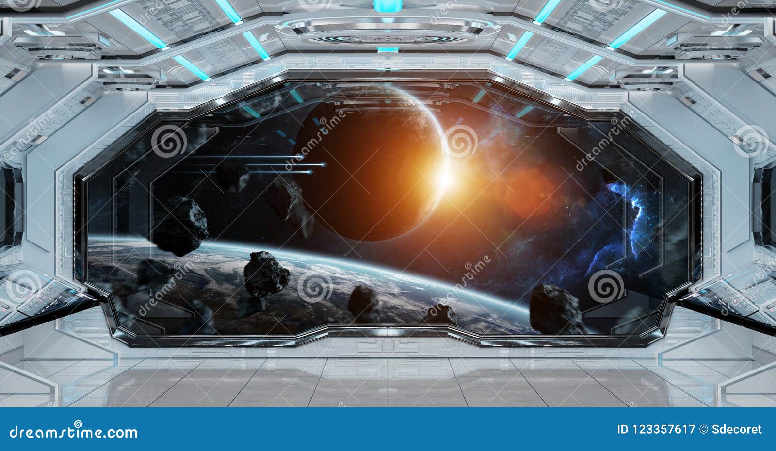 White Clean Spaceship Interior With View On Planet Earth 3d