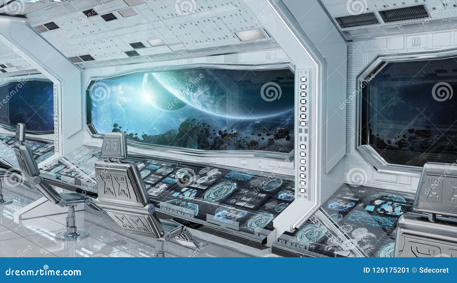 White Clean Spaceship Interior With View On Planet Earth 3d