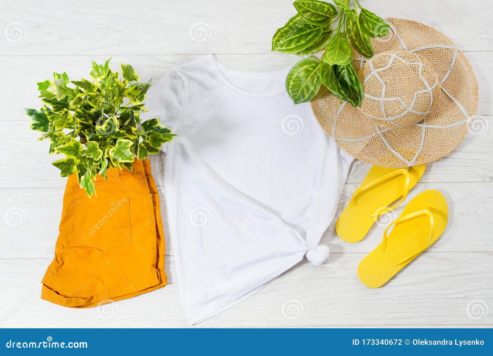 Download White Closeup T Shirt Mock Up Flat Lay And Flip Flops On ...