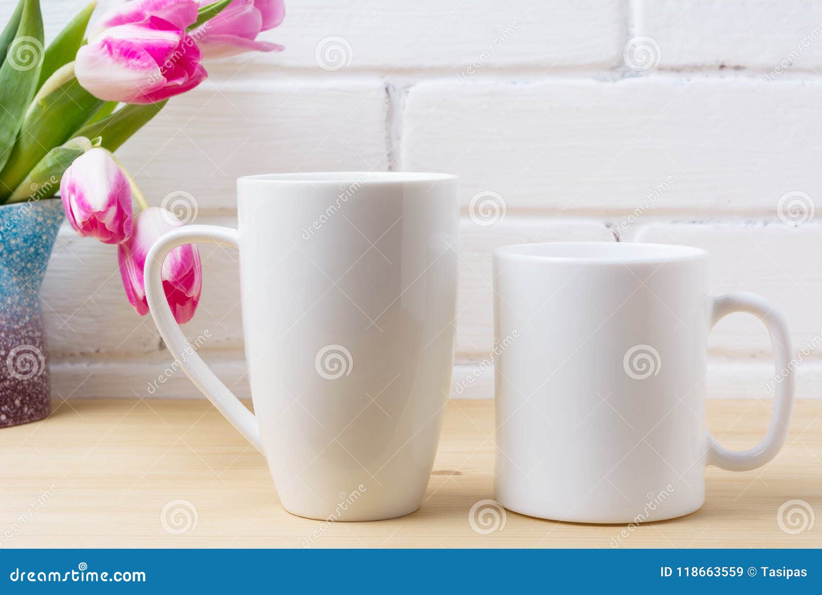 Download White Coffee And Cappuccino Mug Mockup With Magenta Tulip ...