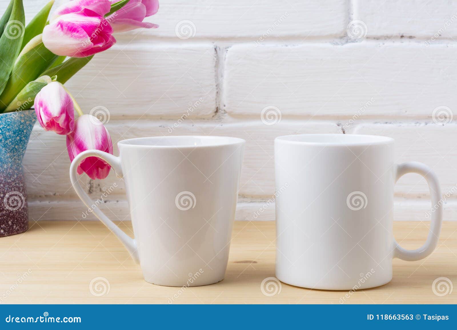 Download White Coffee And Latte Mug Mockup With Magenta Tulip Stock ...