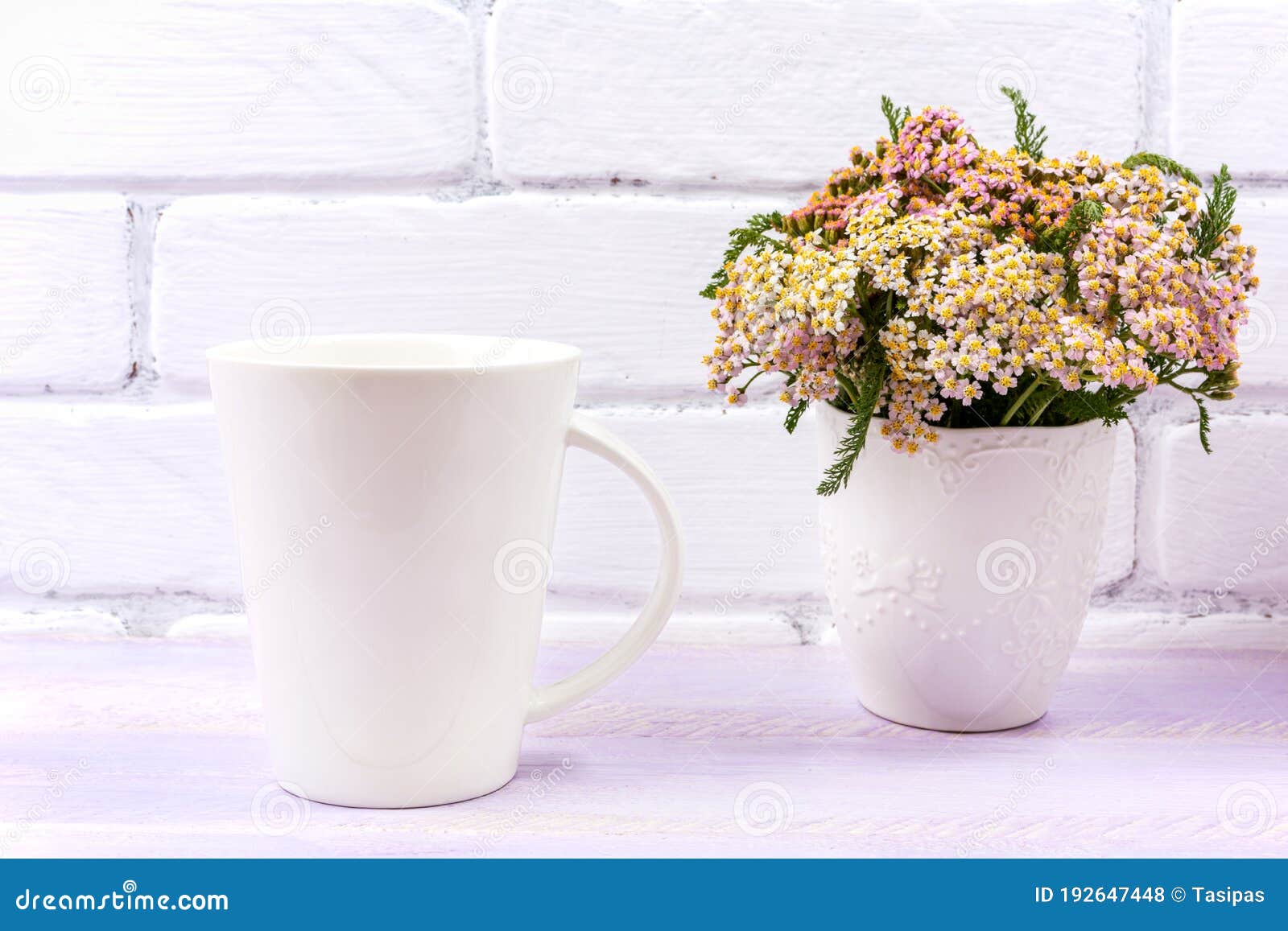 Download White Coffee Latte Mug Mockup With Pink Yarrow Stock Photo ...