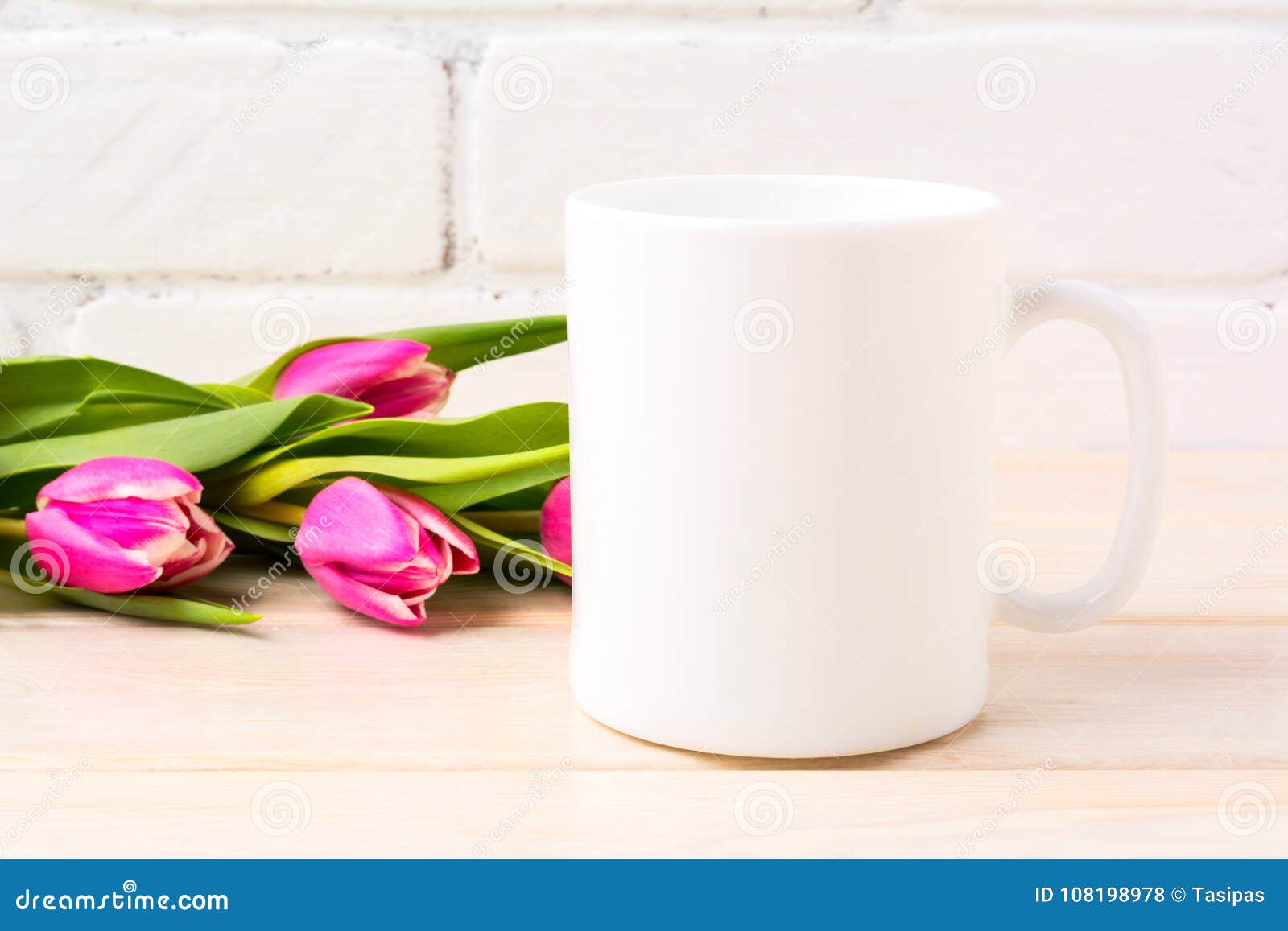 Download White Coffee Mug Mockup With Magenta Pink Tulips Bouquet ...