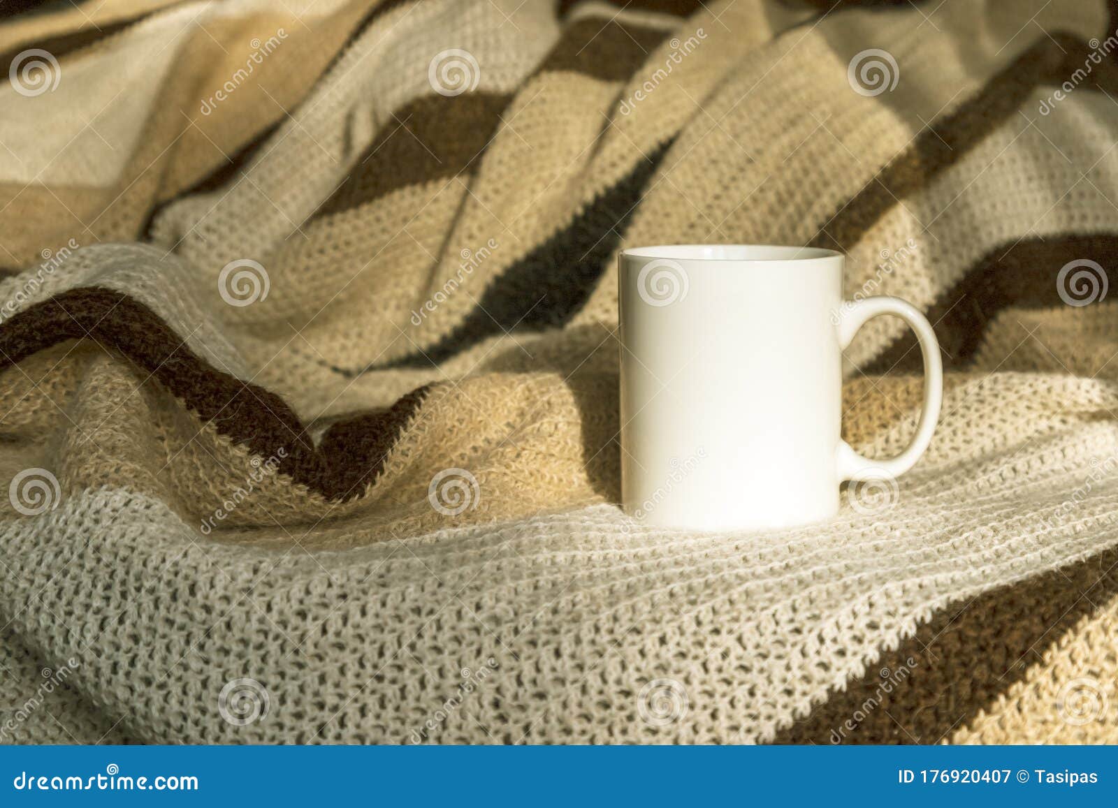 Download White Coffee Mug Mockup With Striped Blanket Stock Image ...