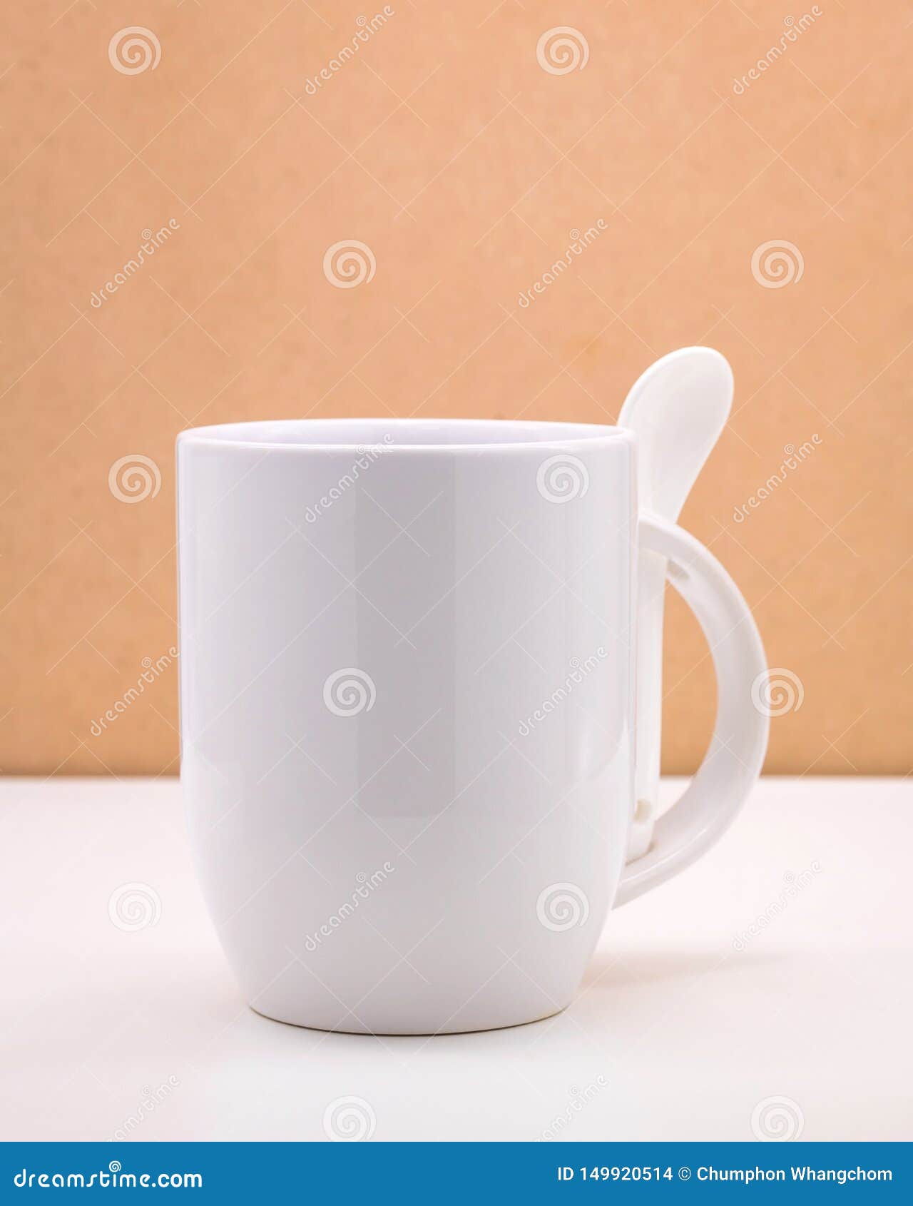 White Coffee Mug and Spoon on Backdrops. Ceramic Tea Cup for Your