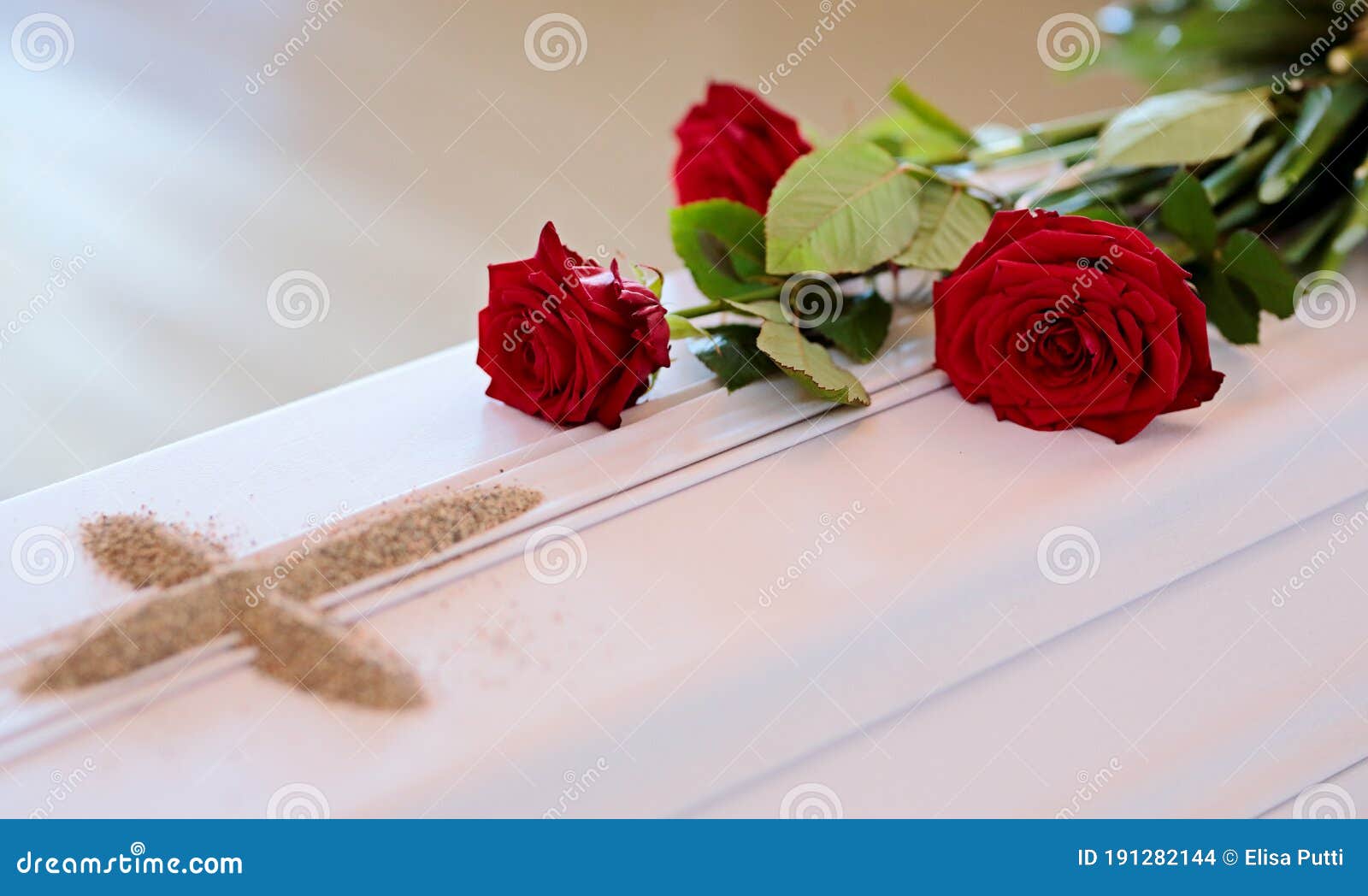 A White Coffin with Red Roses and a Sand Cross after Blessing Stock Photo Image of sand