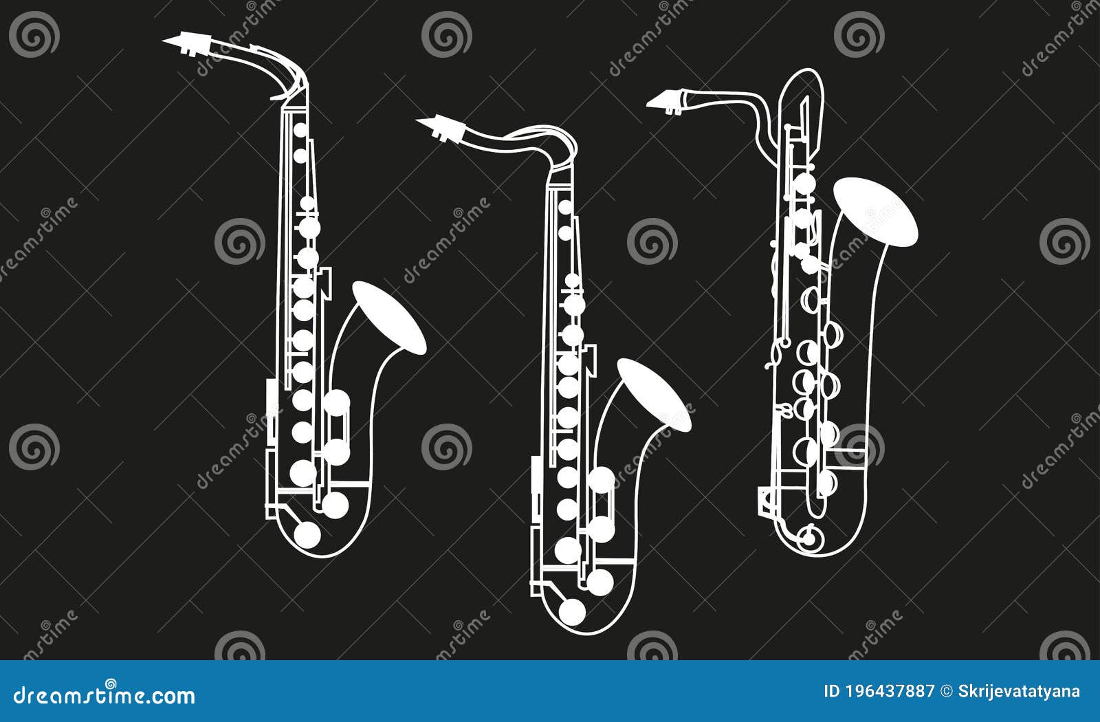 white color line drawings of outline alto saxophone, tenor saxophone and baritone saxophone musical instrument contour