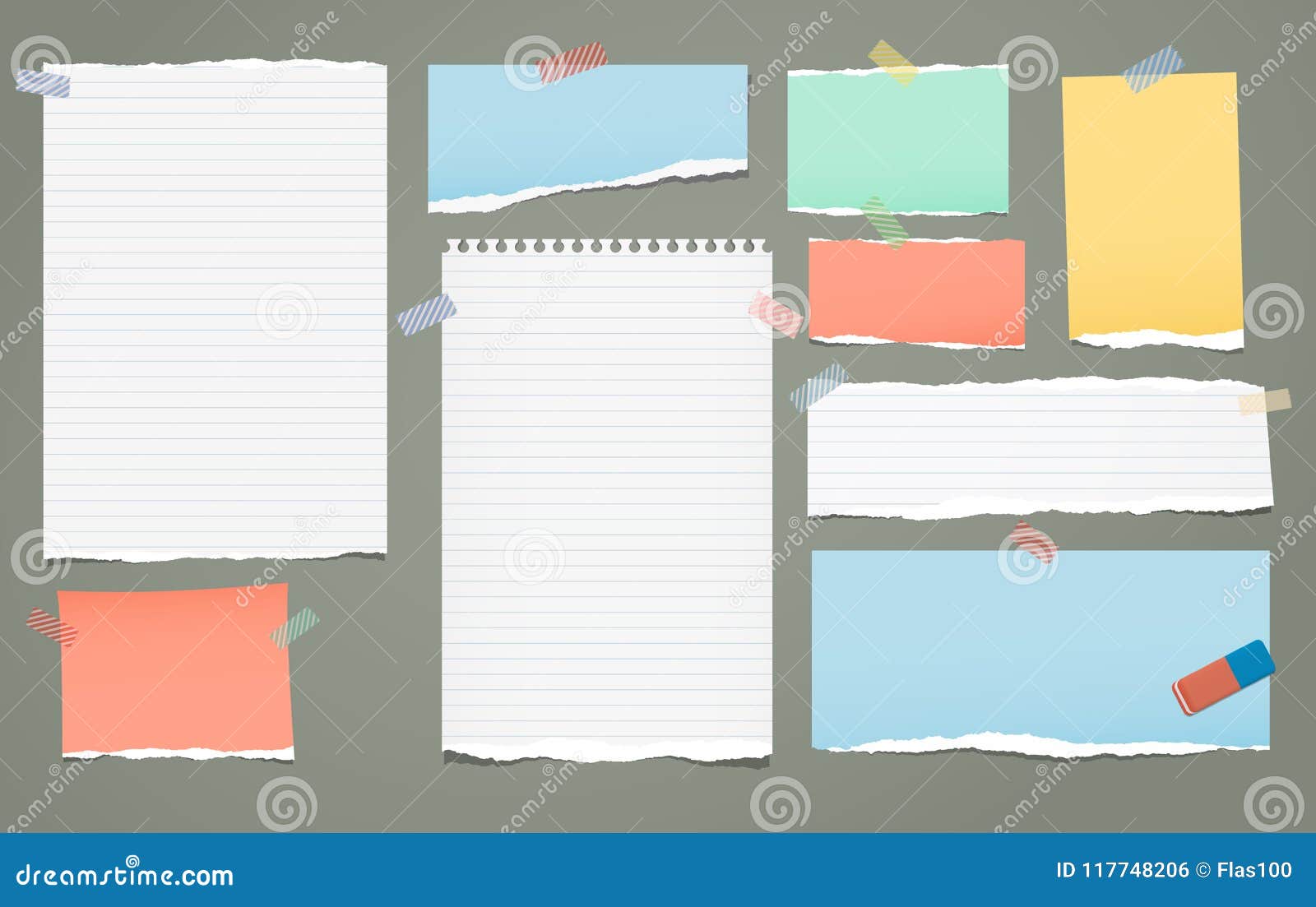 white and colorful lined torn note, notebook paper pieces for text stuck with sticky tape on green background. 