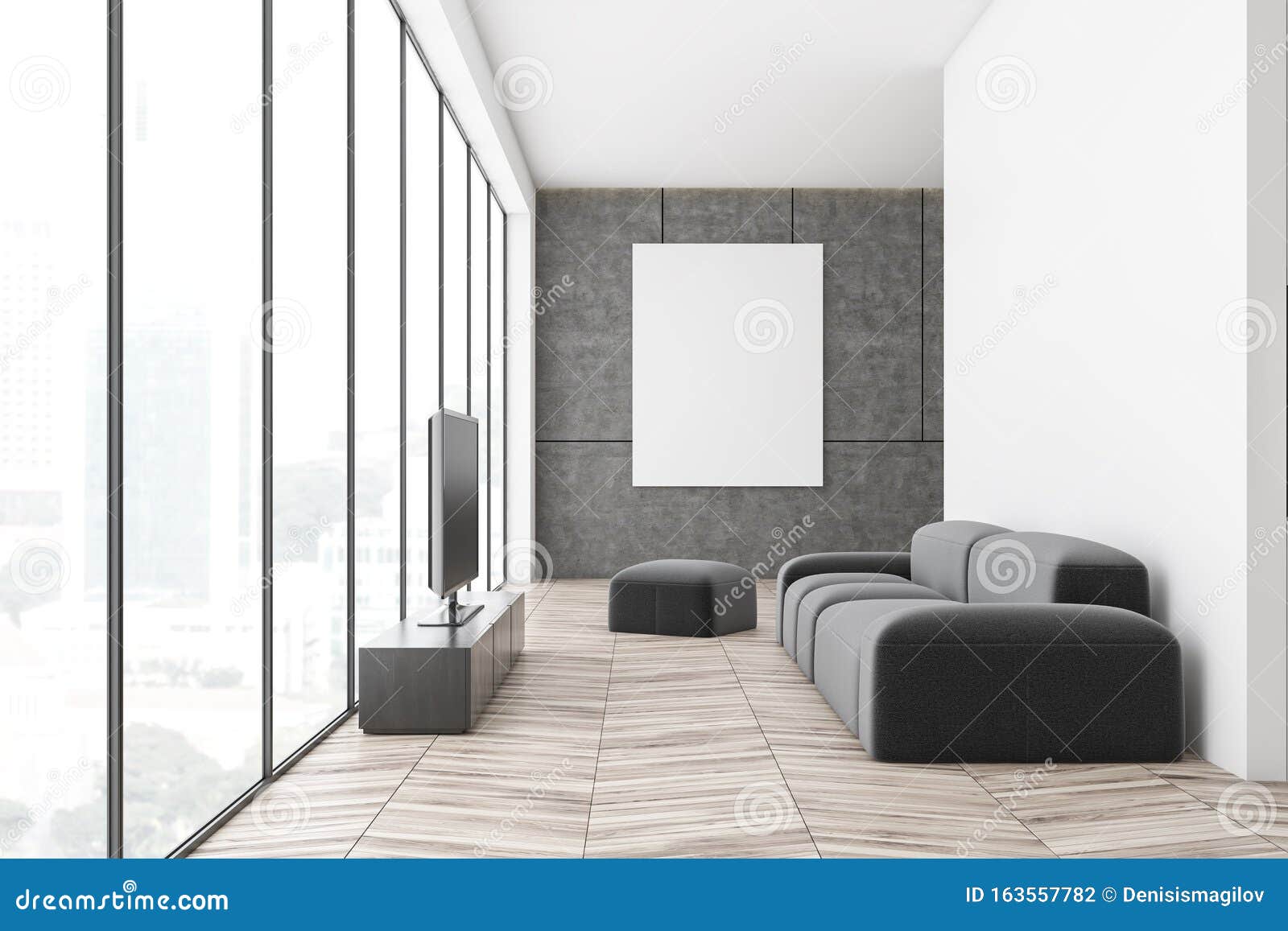 White And Concrete Living Room With Tv Stock Illustration