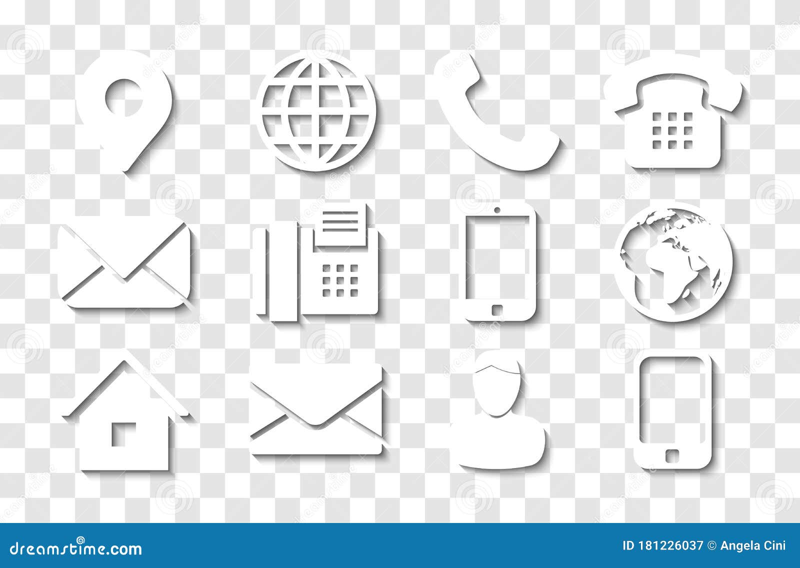 white contact info icon set with shadows for location pin, phone, fax, cellphone, person and email icons