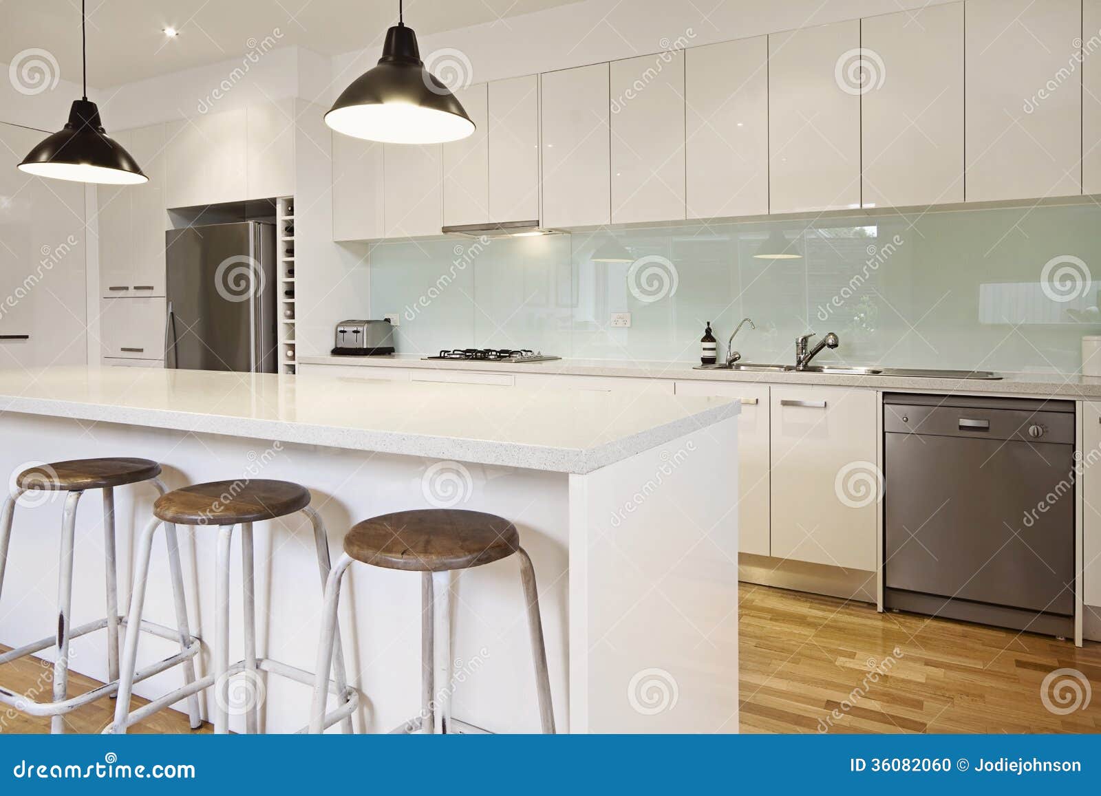 White Contemporary Kitchen with Island Stock Photo Image of home