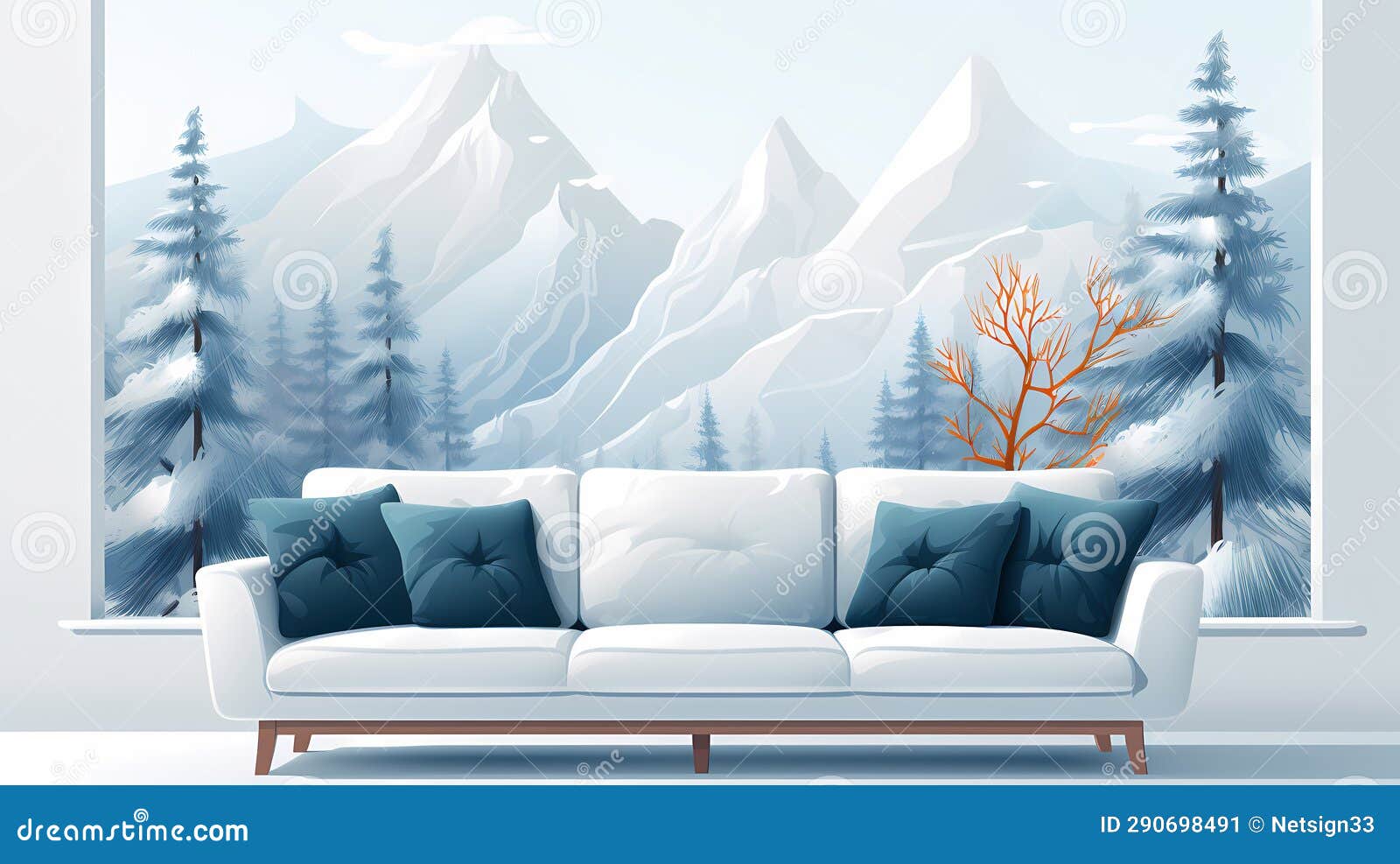 White Couch with Blue Pillows and Trees in Front of Mountains Stock