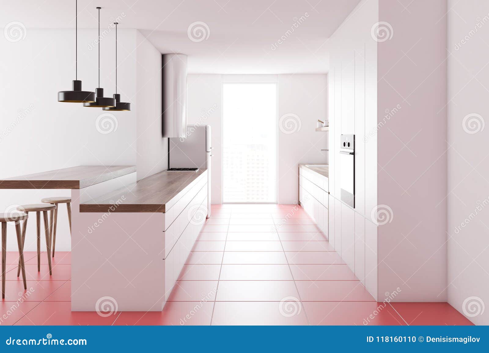 White Countertops In A Pink Floor Kitchen Side Stock Illustration