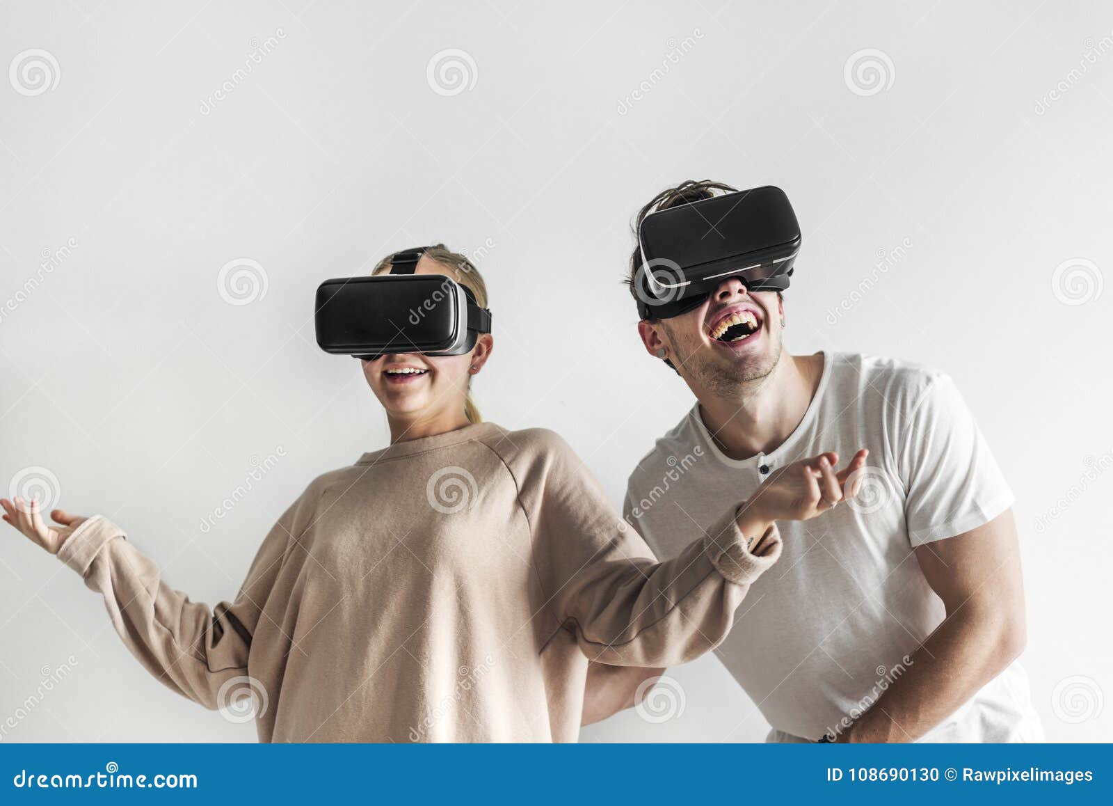 White Couple Experiencing Virtual Reality with VR Headset Stock Photo