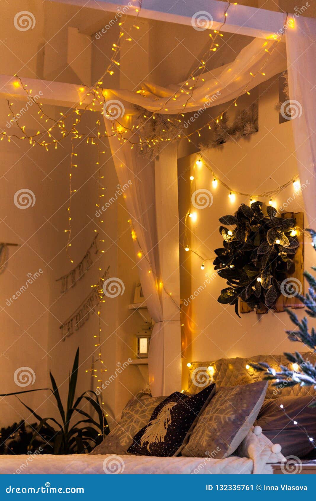 White Cozy Bed And Christmas Lights Stock Image Image Of