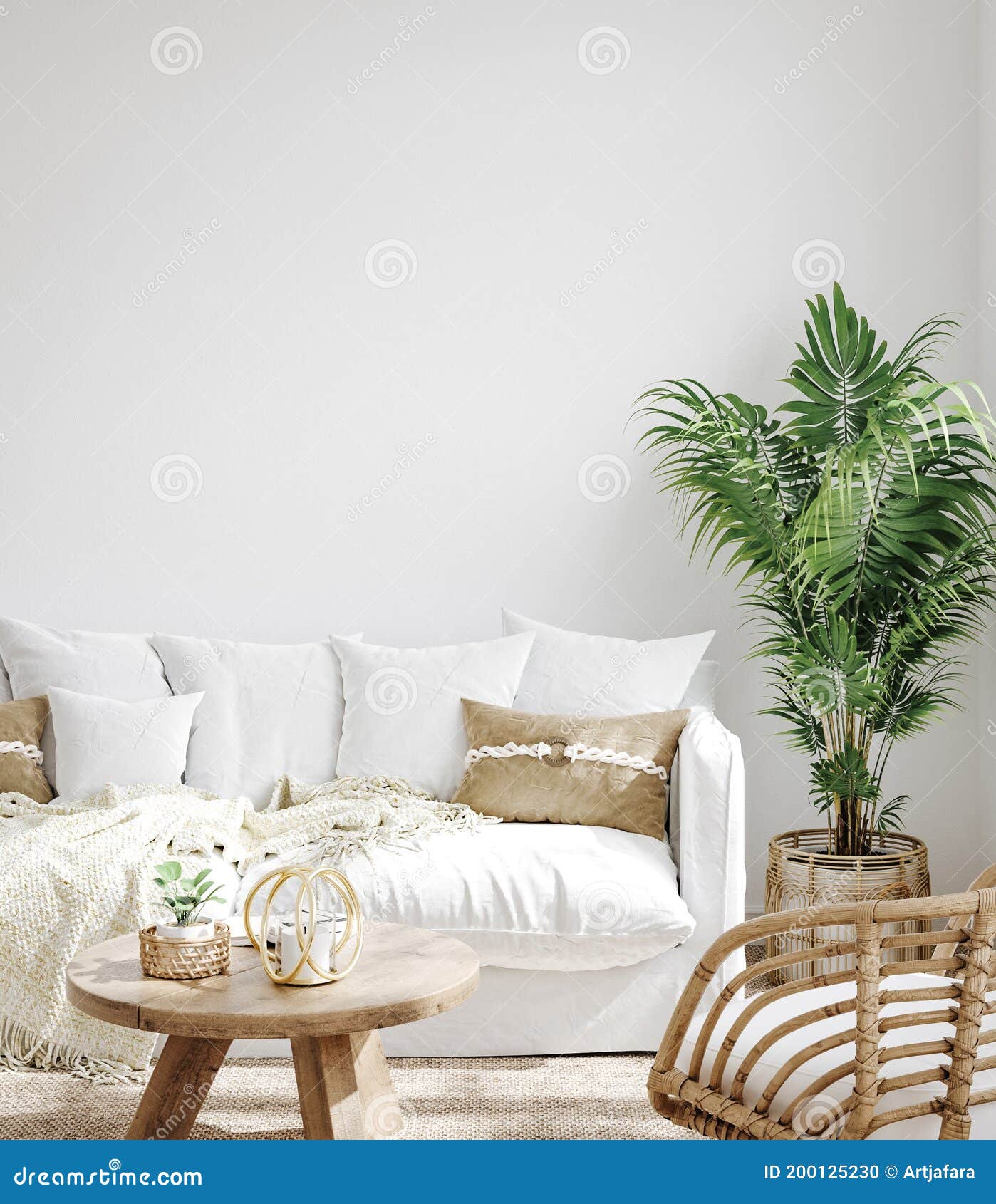 white cozy living room interior, coastal boho style