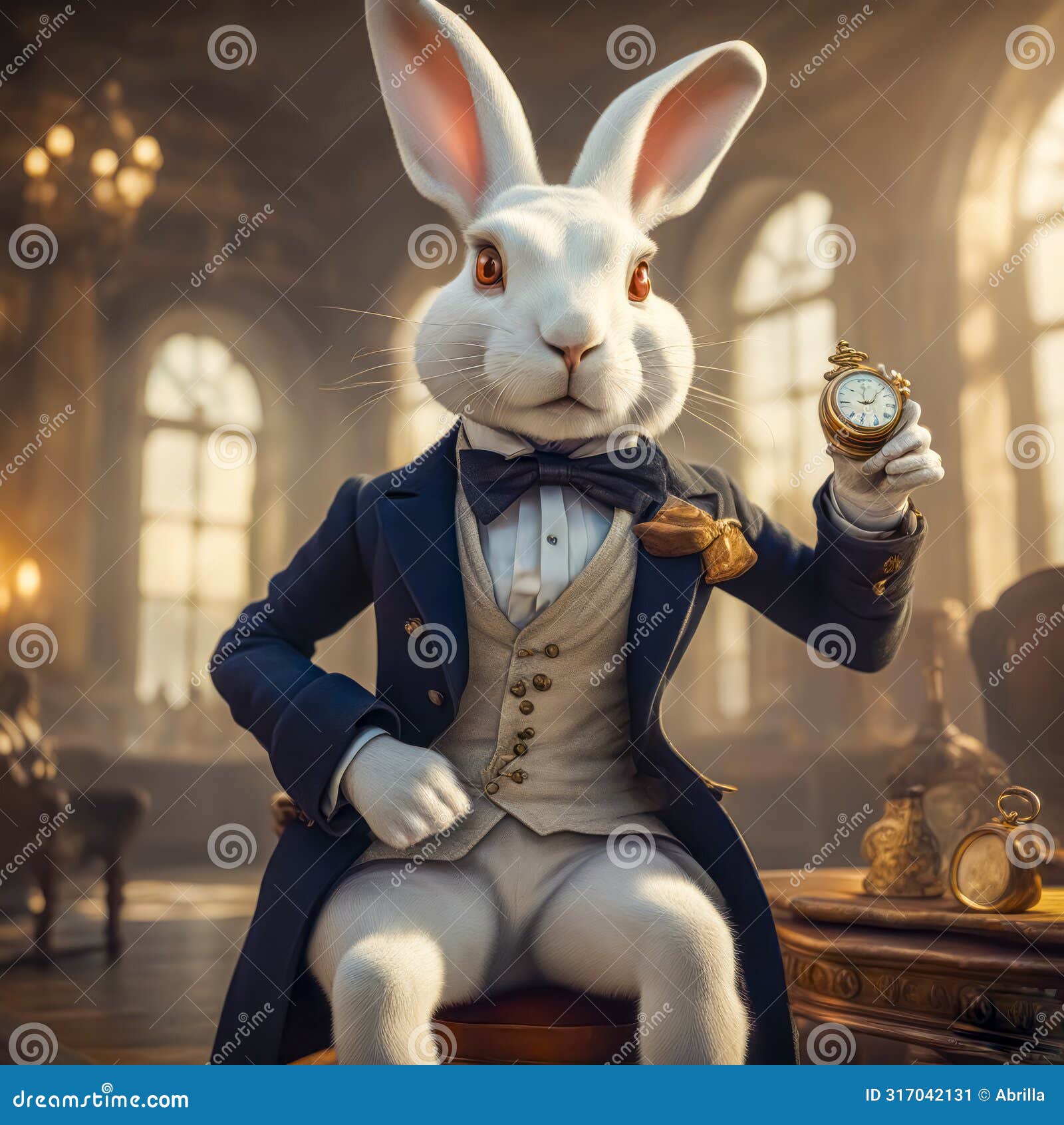 White Crazy Rabbit with a Pocket Watch from the Fairy Tale Alice in