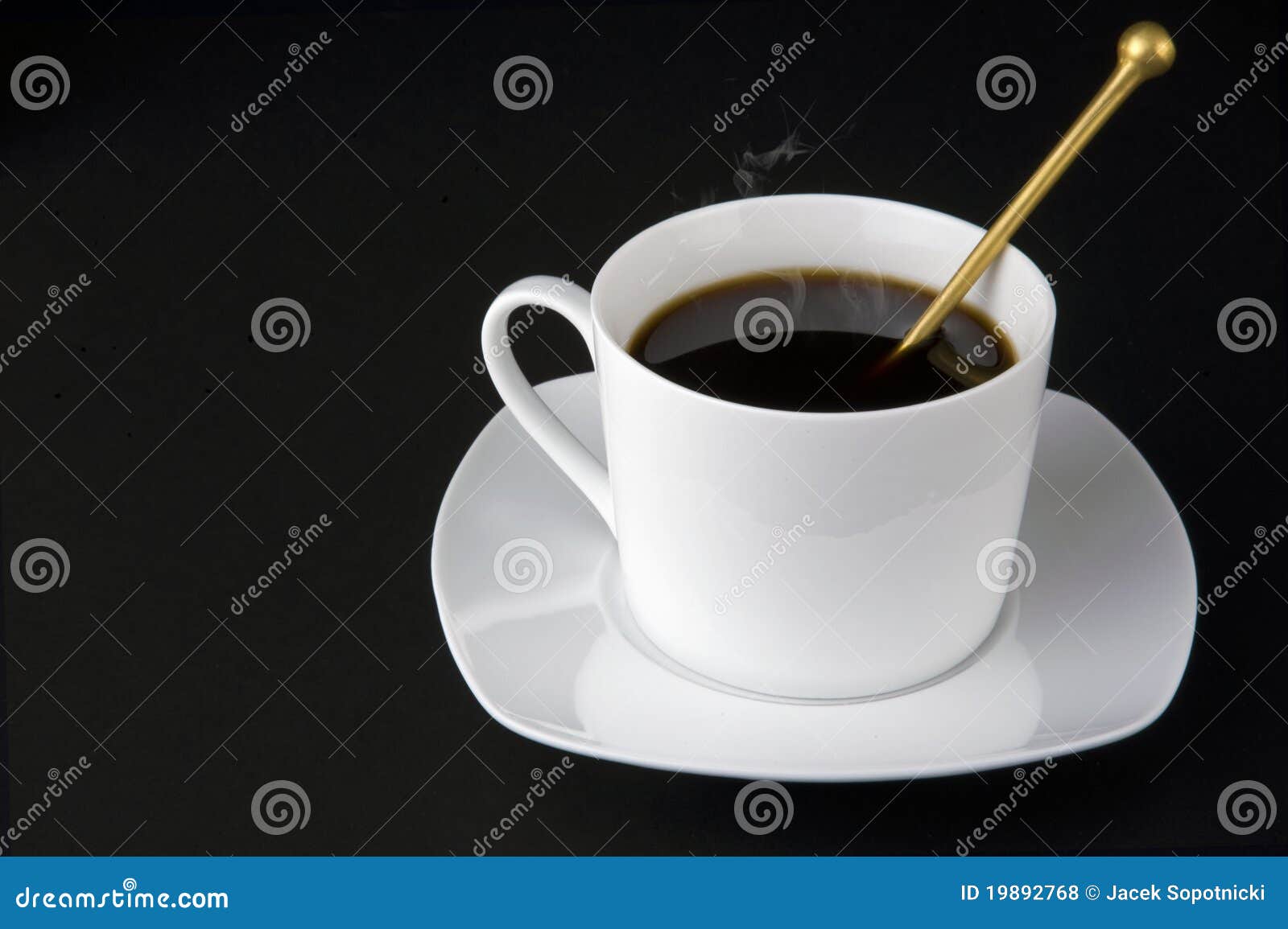 White Cup Of Coffee With Smoke, Teaspoon Isolated Stock Photo Image