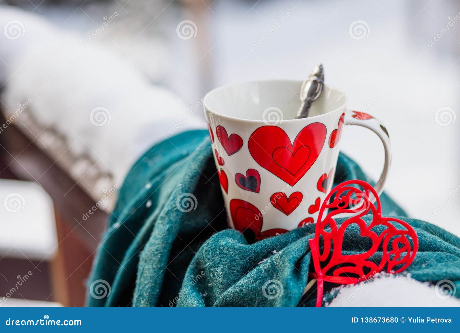 White Cup of Coffee on a Snow Covered Balcony,patio. Romantic ...