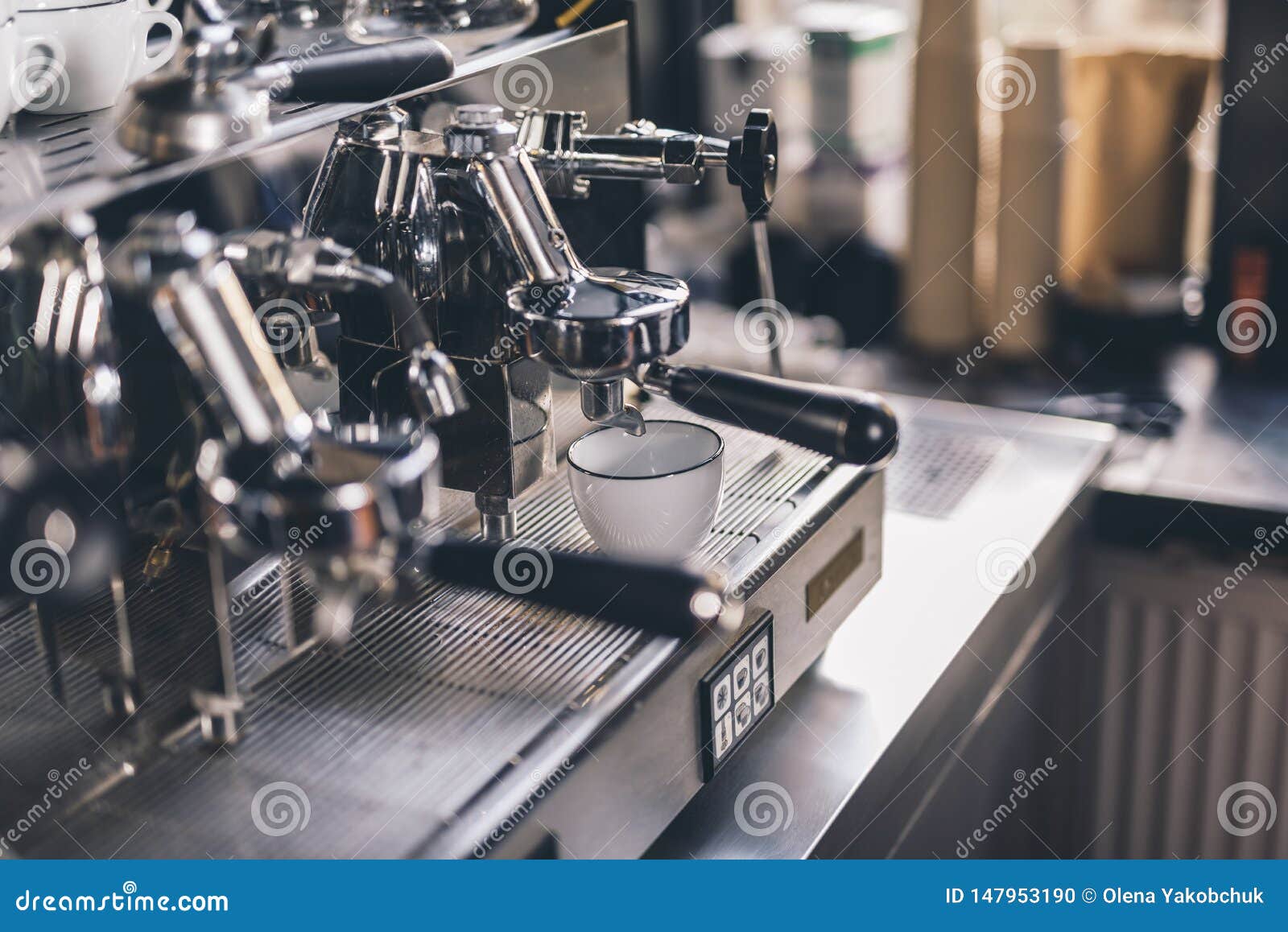White Cup on the Drip Tray in Espresso Machine Stock Photo Image of