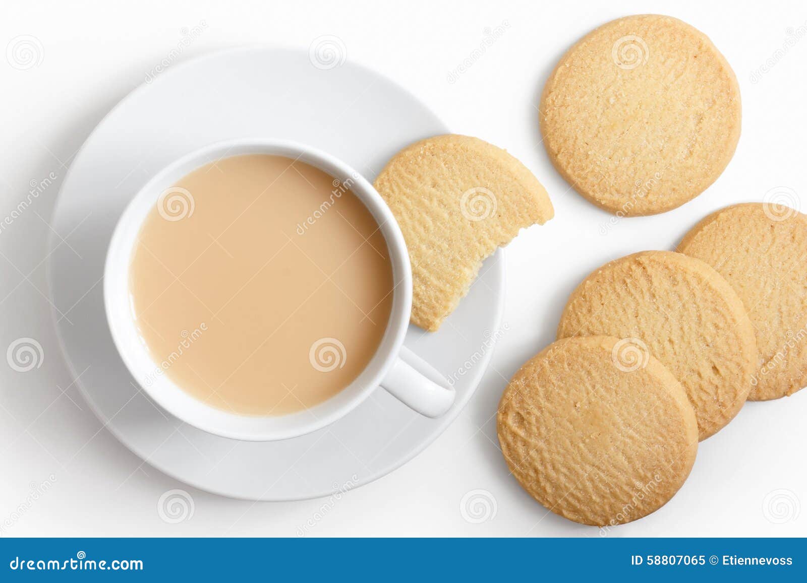 White Cup of Tea and Saucer with Shortbread Biscuits from Above. Stock